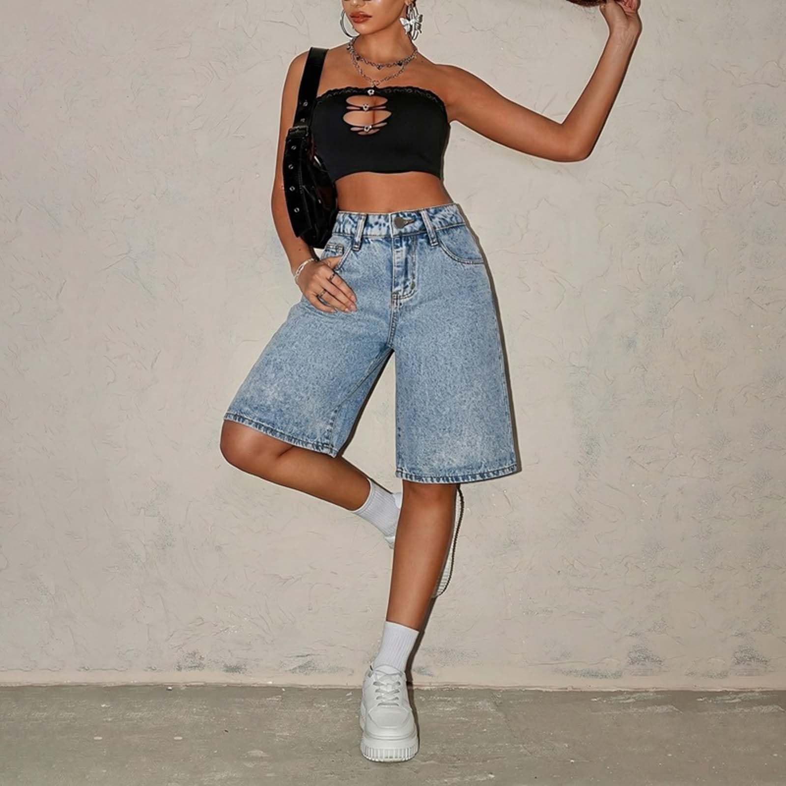 Short Jean Fille Bermuda D'été Décontracté à Jambe Large Taille élastique Short Mi-Long Taille Haute Ete Shorts et Bermudas Jeans Rétro Coupe Ample Confortable Baggy Shorts Jean pour Adolescentes