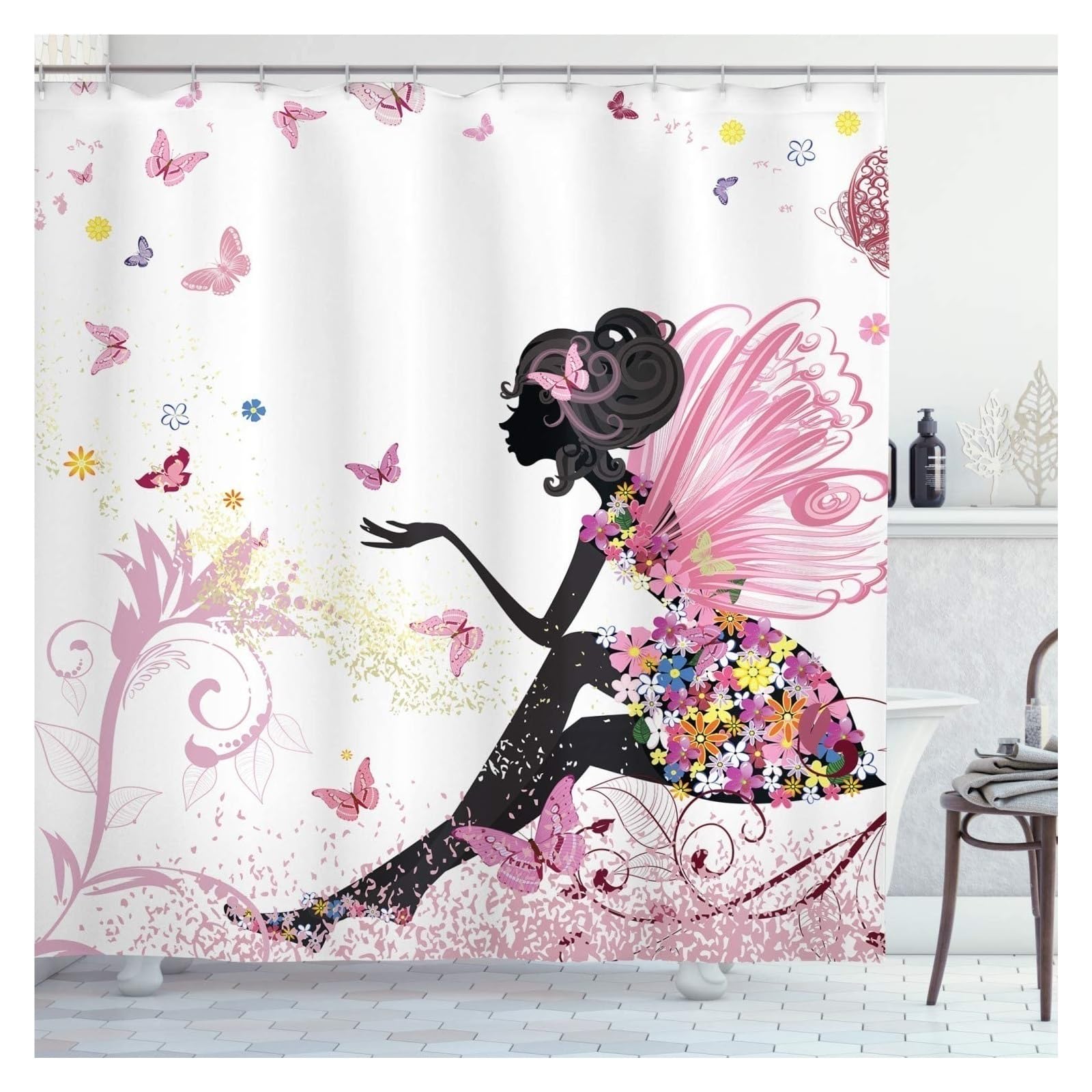 Rideau de douche inspirant fille au parapluie de fleurs pour une ambiance bien-être