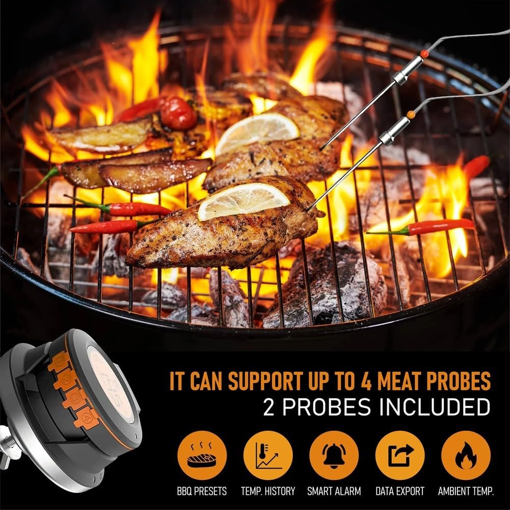 Drahtloses Grill-Thermometer, 4 Sonden, Smart-App-Steuerung, 29,9–59,7 m Reichweite für Grillfleisch, Ofen, Küche, Digitalanzeige (Thermometer + 2 Sonden)