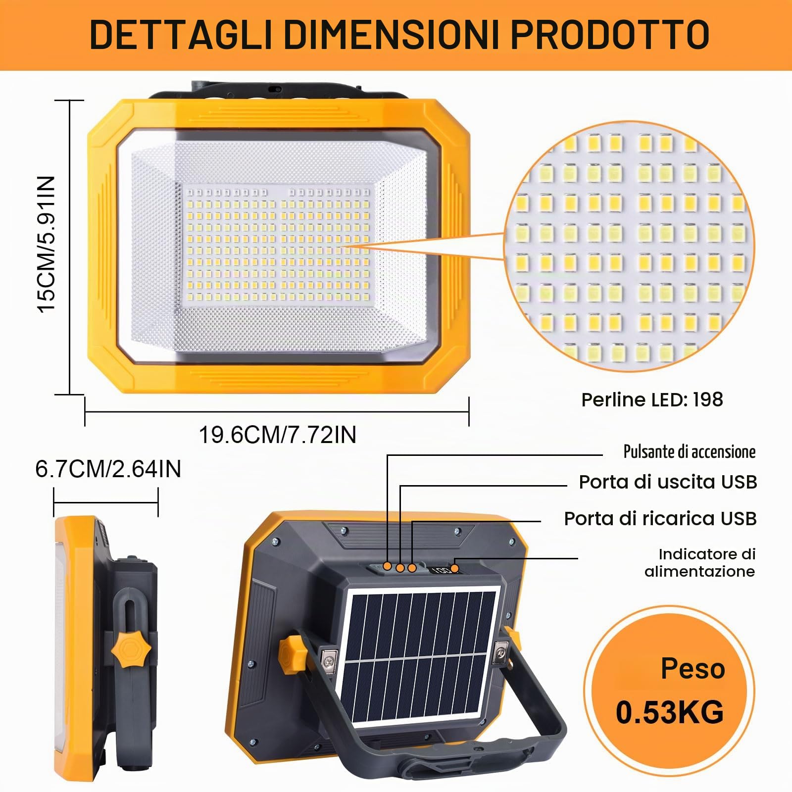 Faro LED Ricaricabile Solare, 10000LM, 7800mAh, 4 Modalità di Luce | 60W, Uscita USB, Base Magnetica, Luce Rossa e Blu, IP54, Leggero & Portatile per Campeggio, Pesca, Emergenze, e Garage