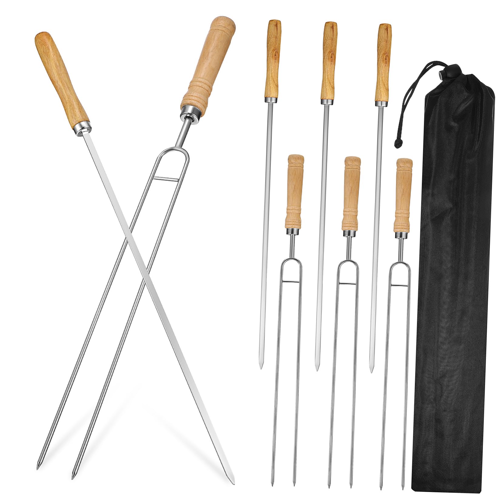 POPETPOP 8pezzi Spiedini per Barbecue in Acciaio Inox con Manici in Legno Bastoncini Doppia Testa e Testa Singola per Grigliare e Servire Inclusi Sacchetti per Arrostire Colore Casuale