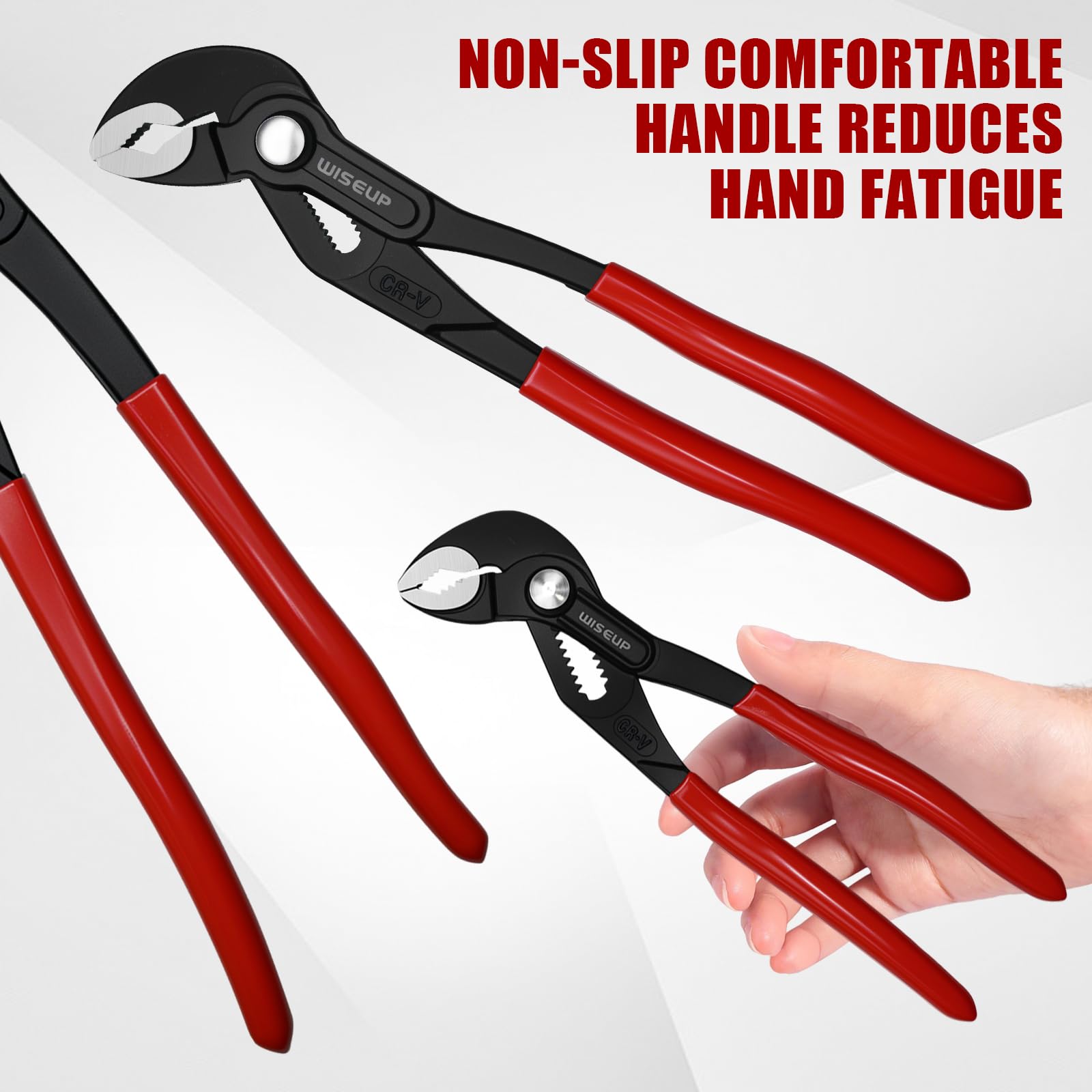 WISEUP Lot de 3 pinces à joint rainuré – Réglable rapidement de 17,8 cm, 25,4 cm et 30,5 cm avec mâchoire lisse – Clé à rainure et languette pour réparation de canaux (7+10+12, 1 Packung)
