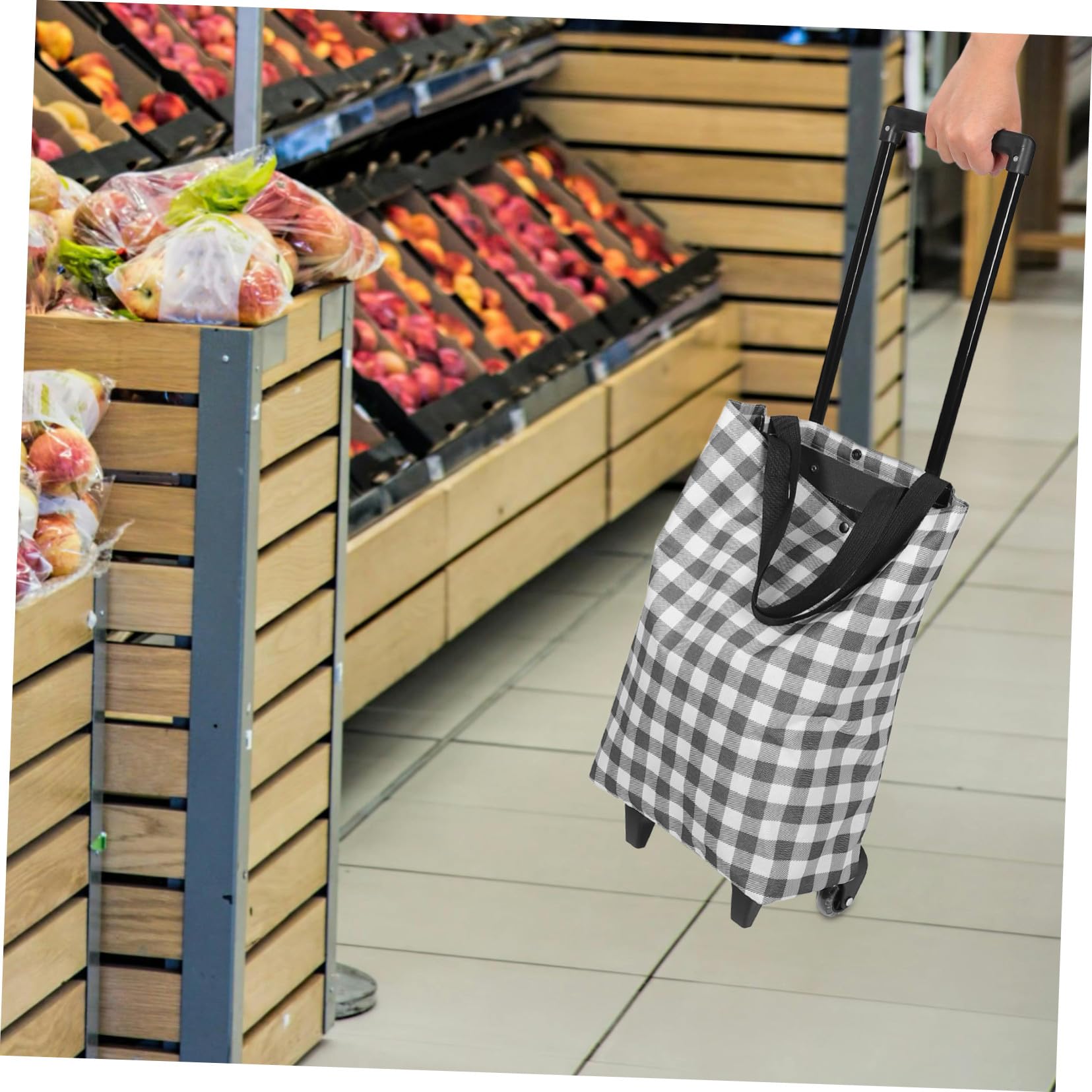 Faltbarer Einkaufswagen mit Rädern – zusammenklappbarer Allzweckwagen für Lebensmittel, stilvolle schwarz-weiße karierte Tasche, tragbarer Ziehwagen für Zuhause, Markt, Outdoor, Reisen