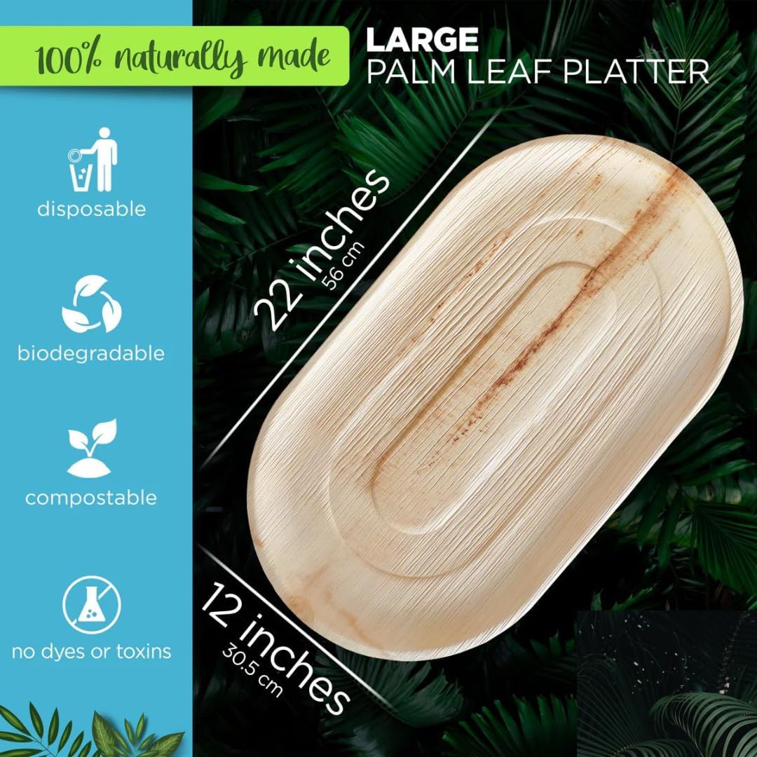 ECO Leaf - 10 platos desechables de hoja de palma, ovalados grandes de 56 cm x 30 cm, bandejas de canapé para boda, como platos de madera, bandejas resistentes para alimentos calientes, bandejas de