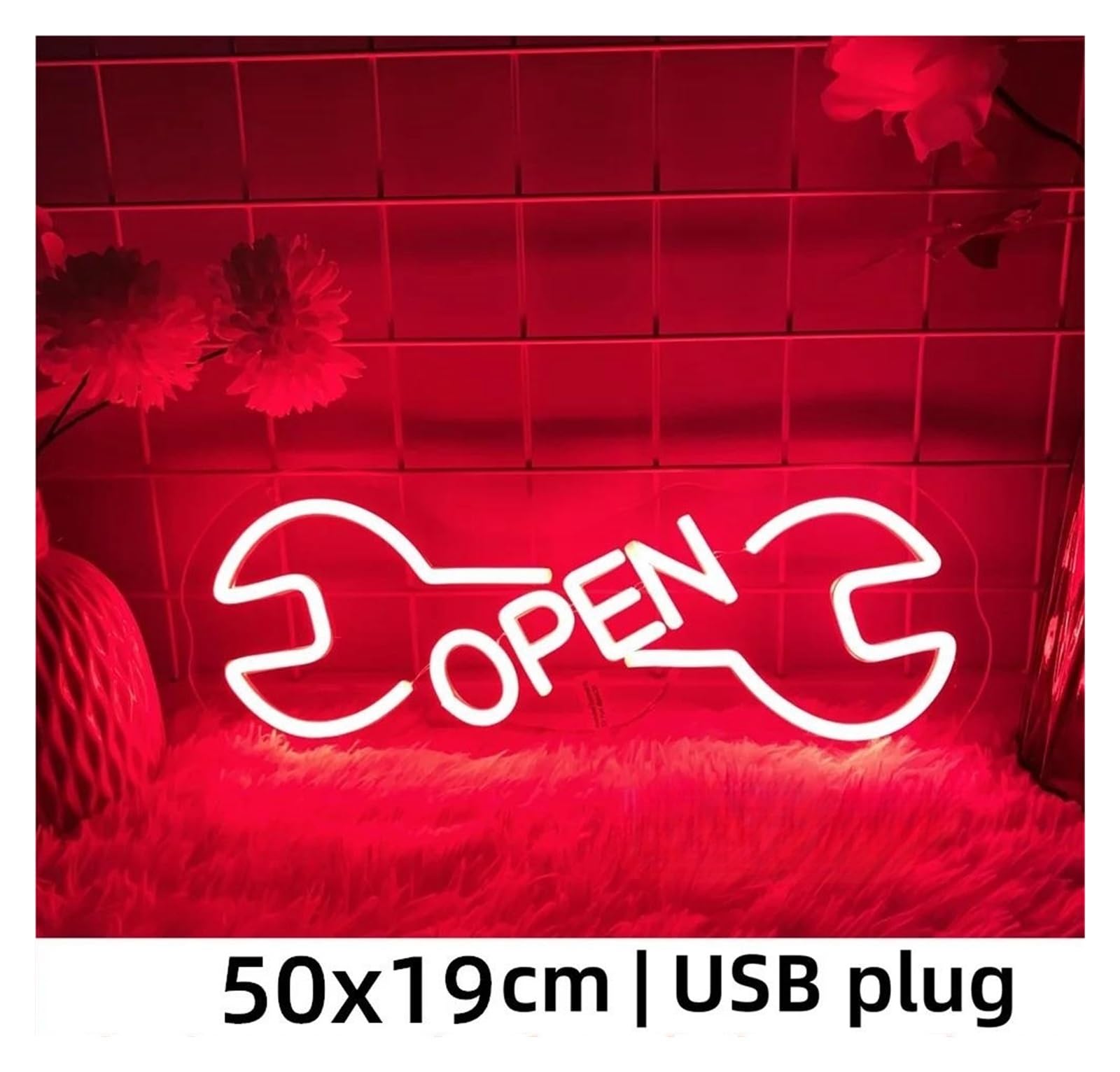 Luces de neón Luces De Neón LED OpenPara Colgar En La Pared, Barra Alimentada Por USB, Salón De Belleza, Tiendas, Carteles Abiertos De Garaje(50x19cm)