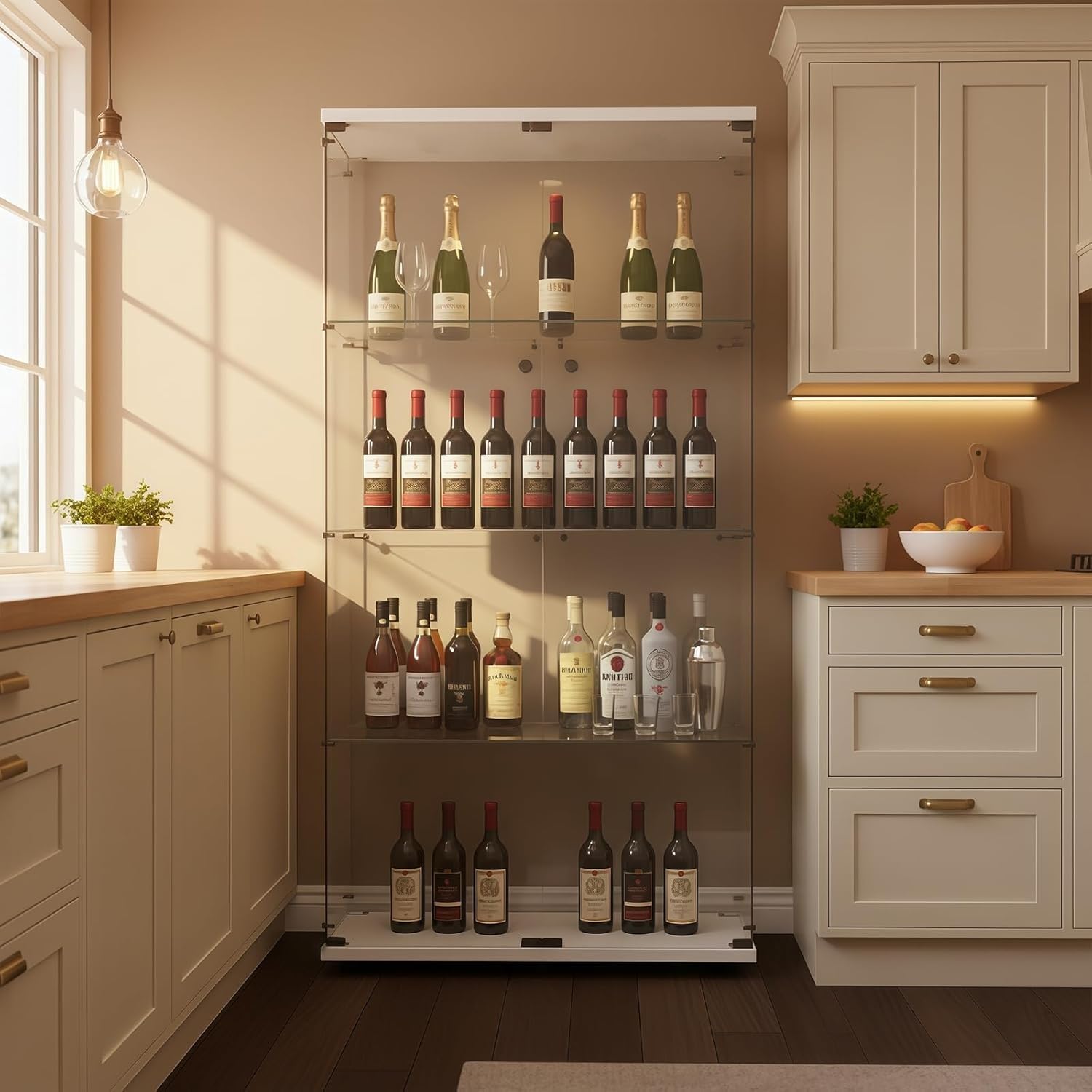 Vitrina de Cristal, 164,5 cm, 2 Puertas, 4 Capas, Vitrina de Cristal, Vitrina de colección, Armario Alto para salón, Dormitorio, Oficina