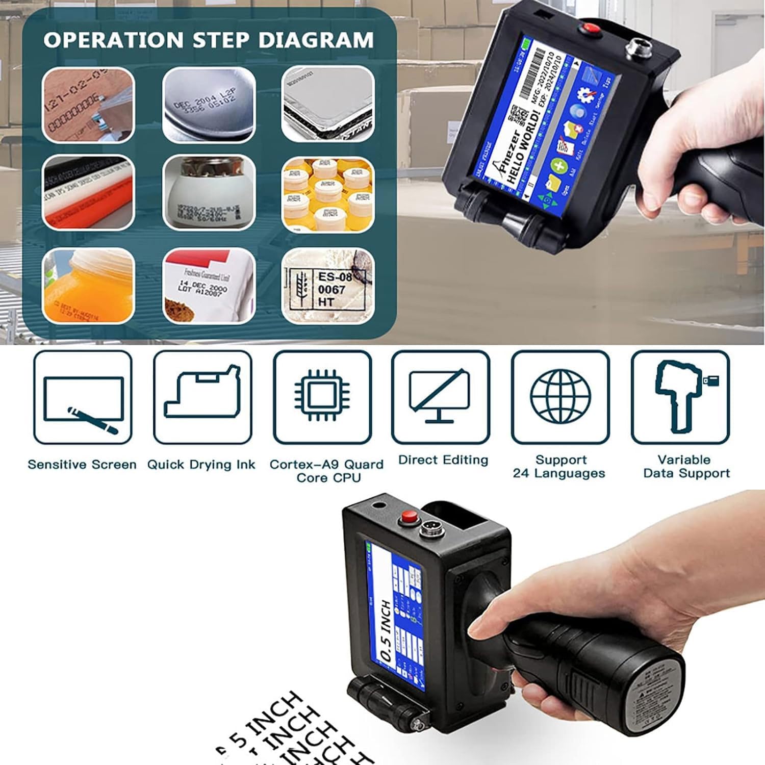 Impresora De Inyección De Tinta Portátil con Pantalla Táctil, Codificador De Inyección De Tinta Portátil con Pantalla Táctil De 4,3 Pulgadas, Compatible con Bluetooth/USB, 600 PPP, para Metal