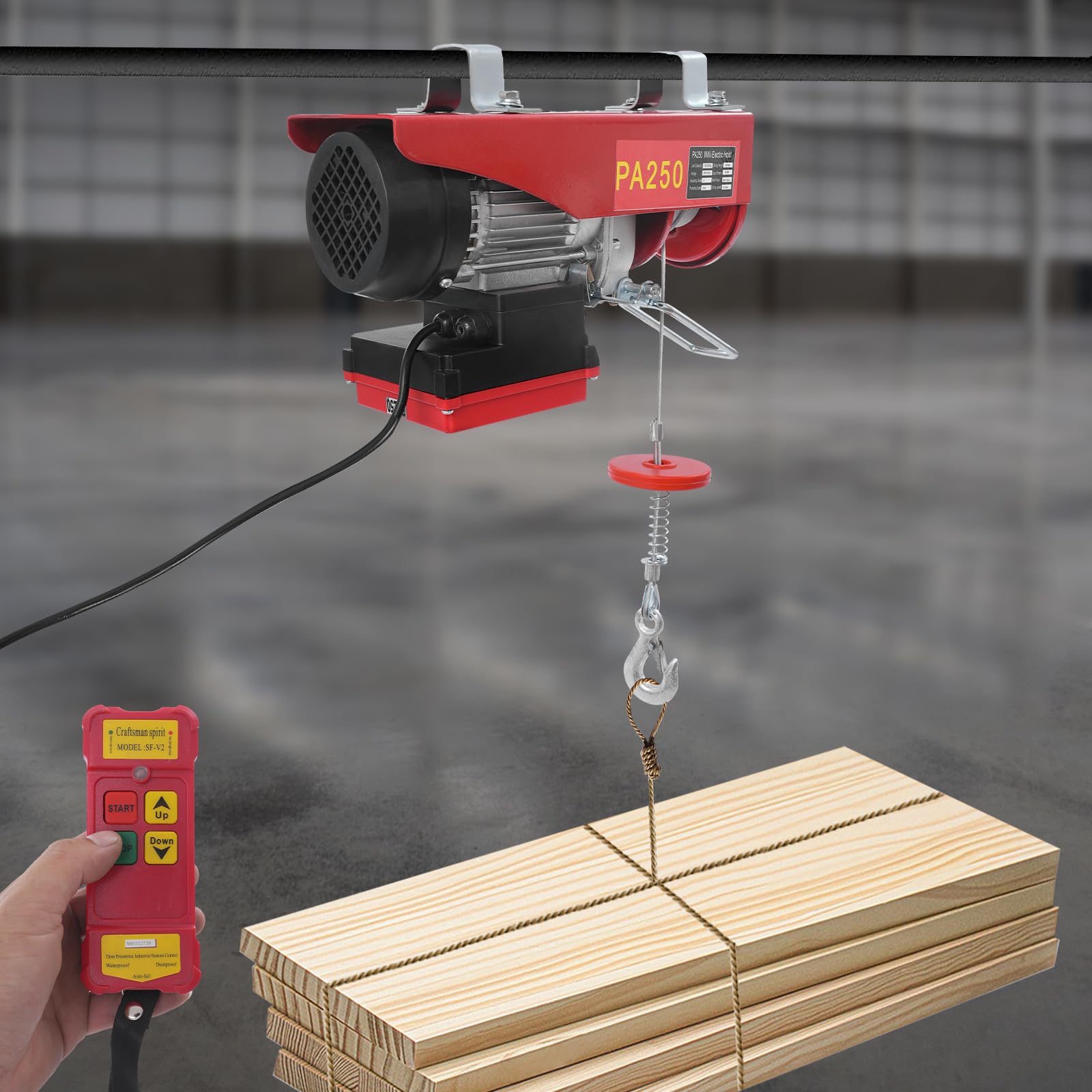 Sollevatore elettrico, 550 W 220 V, argano elettrico sopraelevato con telecomando, due imbracature e limitatore, carico 250 kg, verricello elettrico da 12 m per garage magazzini