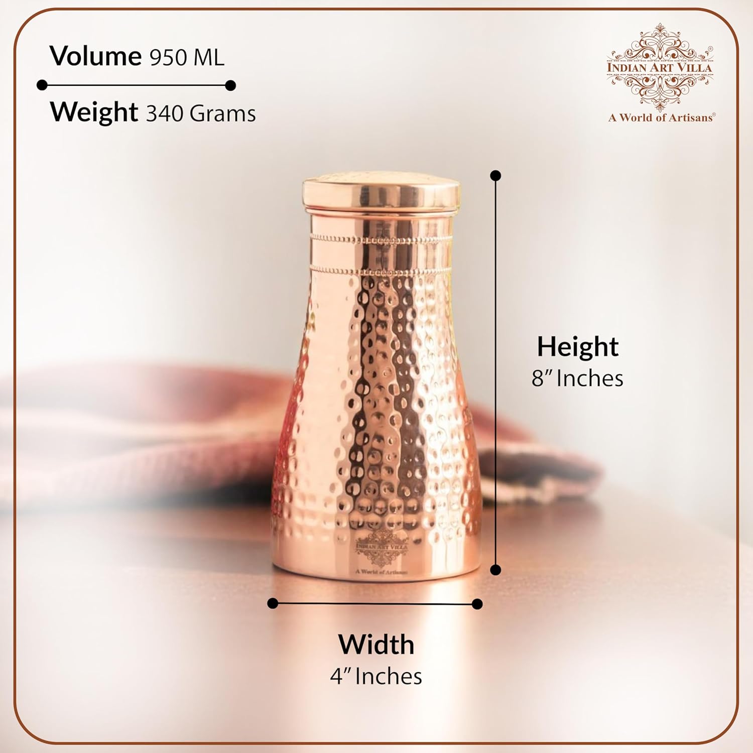 Indian Art Villa Pure Copper Bedroom Water Bottle With Inbuilt Glass & Hammered Shine Design, Drinkware, Storage Purpose, Volume-32 Oz