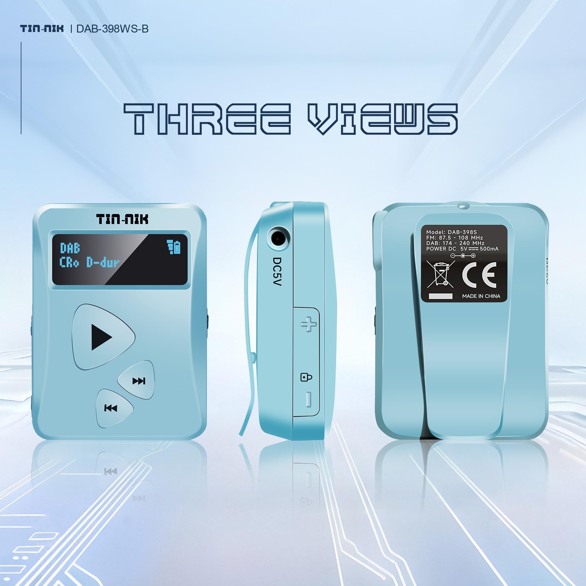 Tin-Nik DAB-398WS-SB Radio portable DAB/DAB+/FM, mini radio de poche numérique RDS-FM avec batterie rechargeable, écouteurs, choix de petits et grands