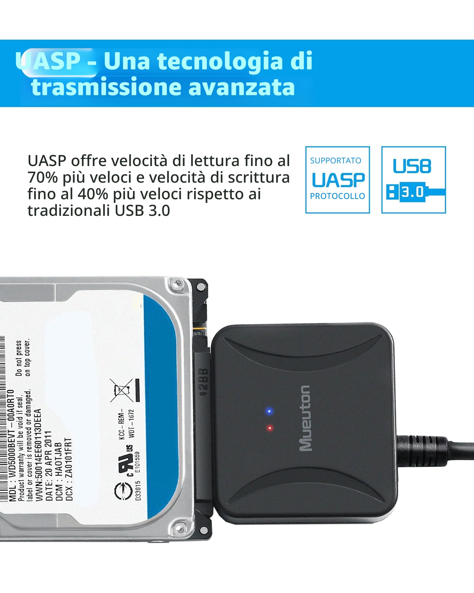 Adattatore SATA USB 3.0, Cavo adattatore per disco rigido SATA III per HDD/SSD da 3,5/2,5 pollici con adattatore di alimentazione 12V/2A Supporta UASP