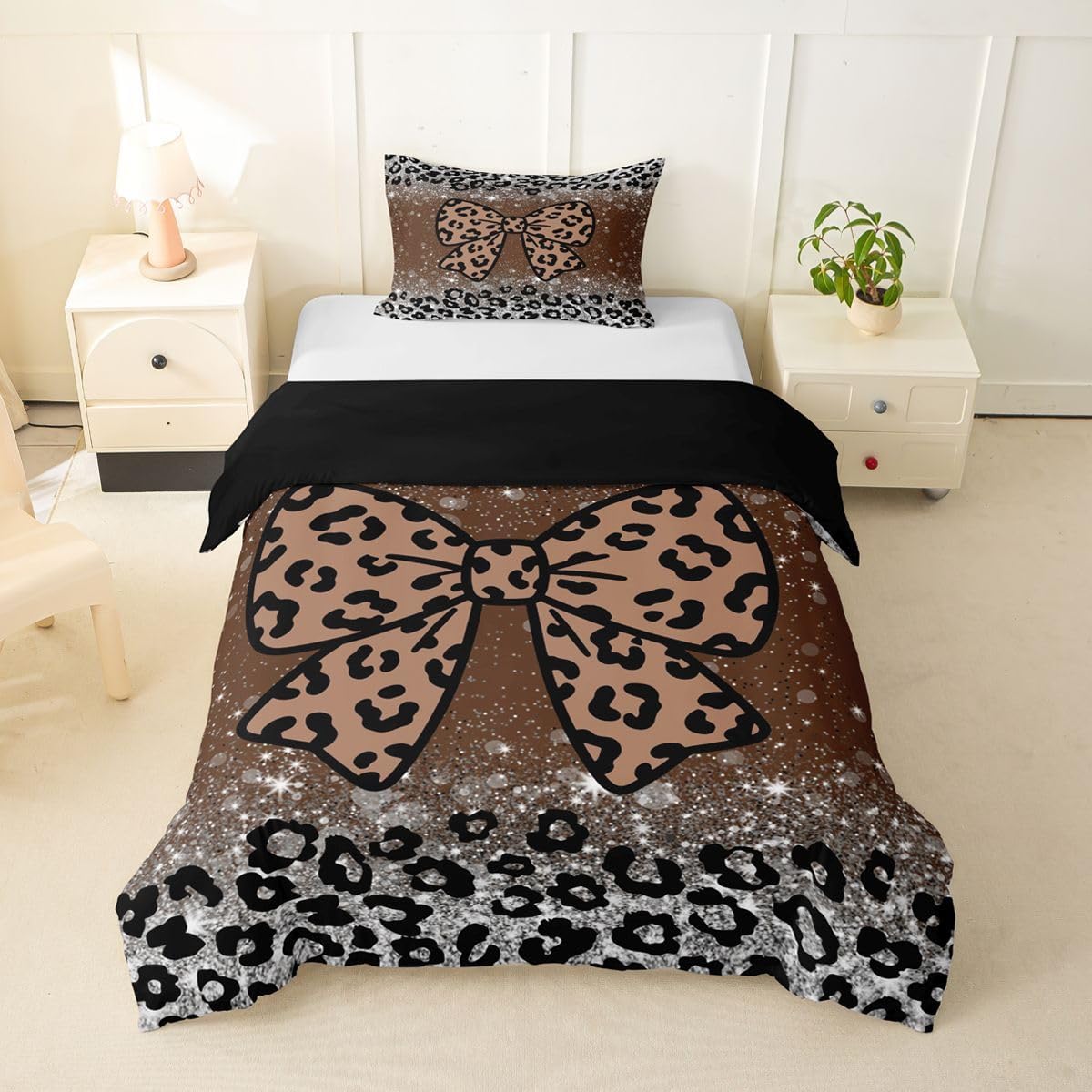 jejeloiu Black Pink Zebra Leopard Bowknot Print Duvet Cover Toddler Size Wild Animals Bedding Set for Boys Girls Geometric Striped Comforter Cover 2Pcs Zipper Closure with 1 Pillowcase (NO Comforter)