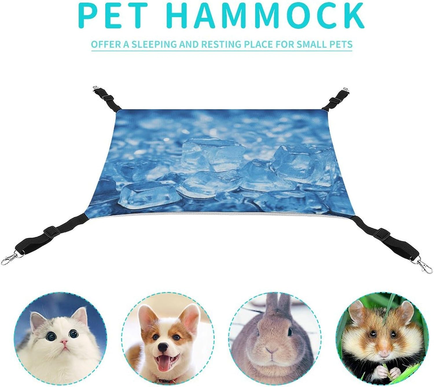 review Hanging Pet Hammock, Blue Ice Cube Background Printed Soft Breathable Pet Hammock with Adjustable Straps and Metal Hooks for Cats Small Dogs Rabbits Sugar Gliders