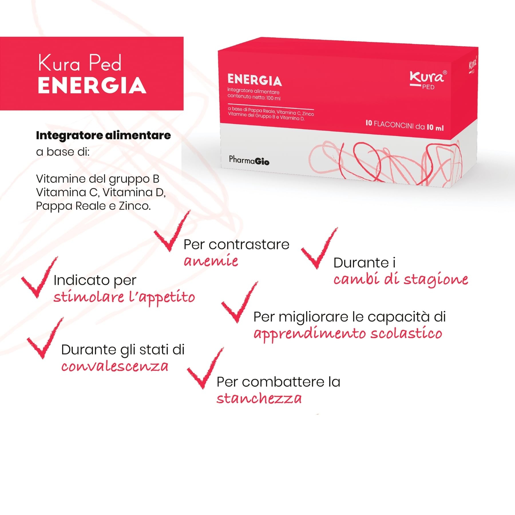 ENERGIA Integratore Stanchezza per Bambini e Adulti - Integratore Pappa Reale Bambini e Vitamina C - Integratore Concentrazione - 10 Flaconi da 10 ml - Integratori Stanchezza fisica