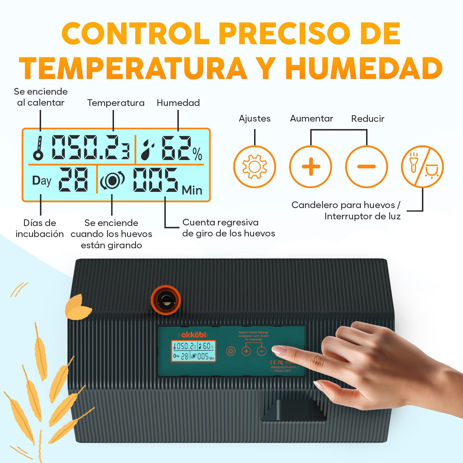 Okkobi M10 Incubadora Huevos Gallina - Ideal para todas las edades - Incubadoras de Huevos Automaticas - Volteo Automático y Control de Humedad - Verde y Naranja