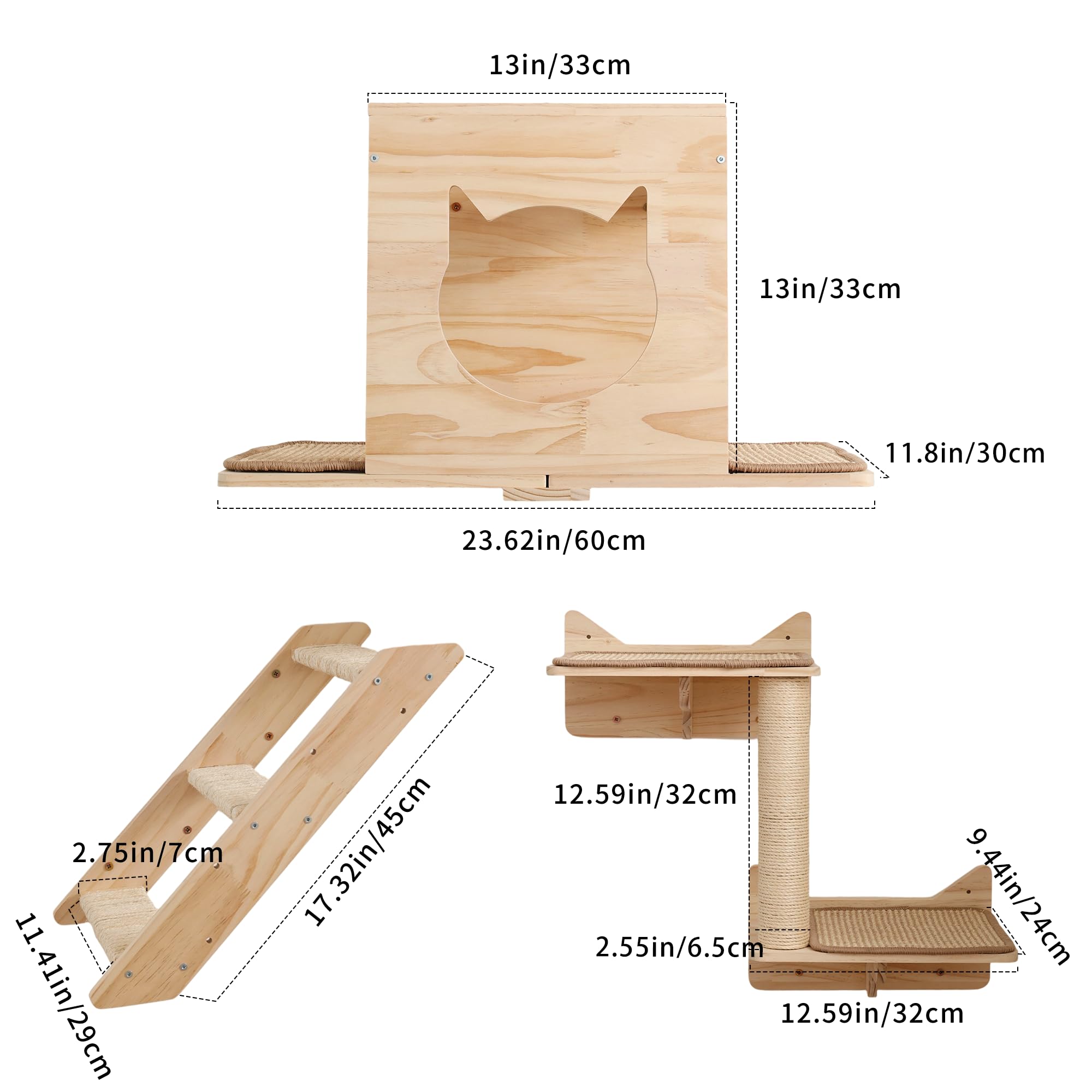 Set di mensole da parete per gatti, con casa, tiragraffi in sisal, gradini per arrampicarsi, in legno massello, per interni, design salvaspazio