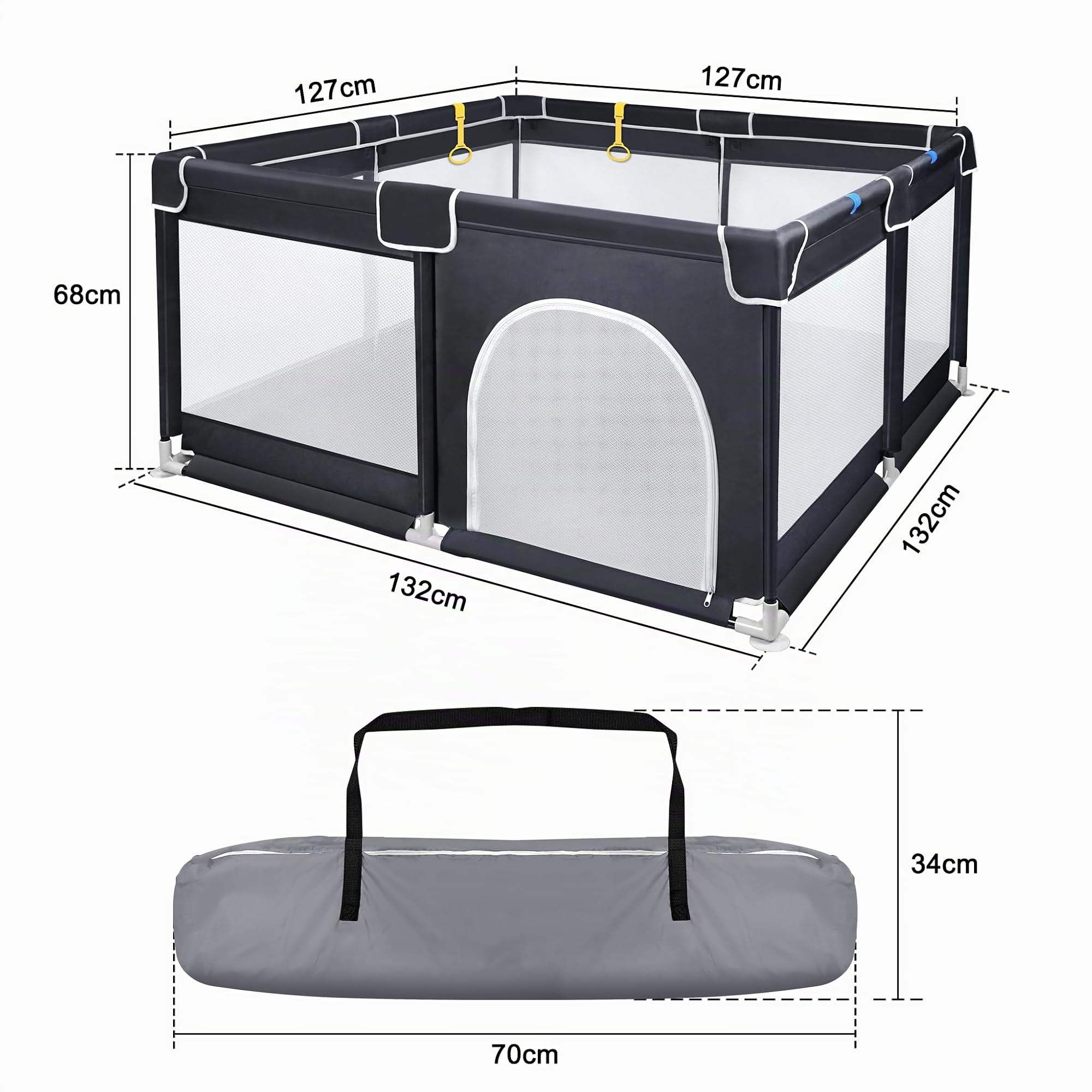 UISEBRT Laufstall Baby Laufgitter Schutzgitter mit Rutschfester Basis und Atmungsaktivem Netz und 50 Bälle, Stabiler Absperrgitter Aktivitätszentrum für Kinder,Schwarz,127x127cm