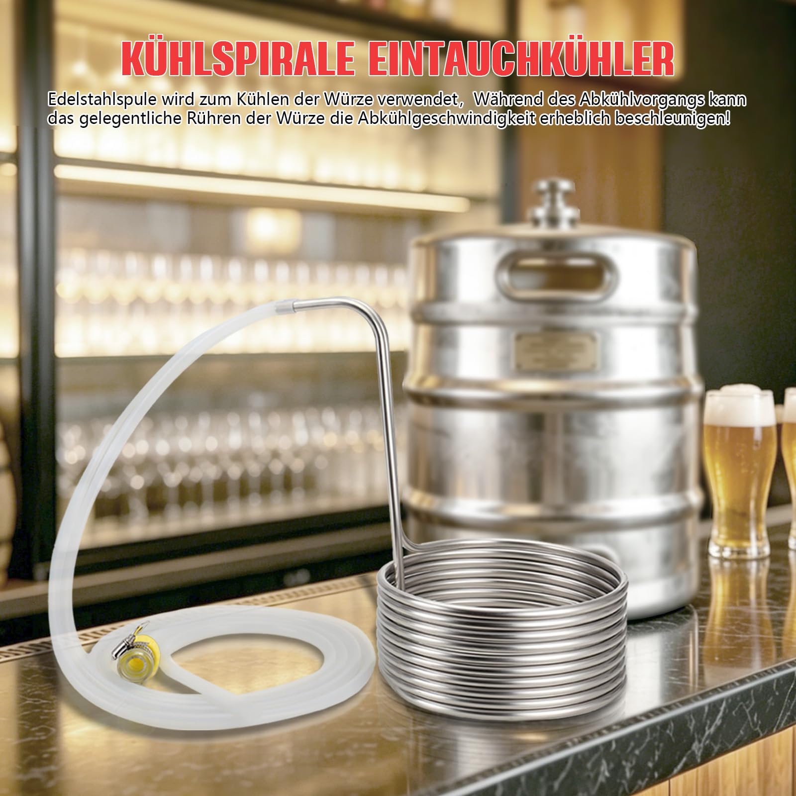 Kühlspirale Eintauchkühler Kühlschlange Ø23cm, Edelstahl Maischekühler Kühlspirale zur Kühlung von Bier, Kühlrohr Würzekühler Maischekühler mit 2* Silikonschläuche, 2* Verbindungsstücke