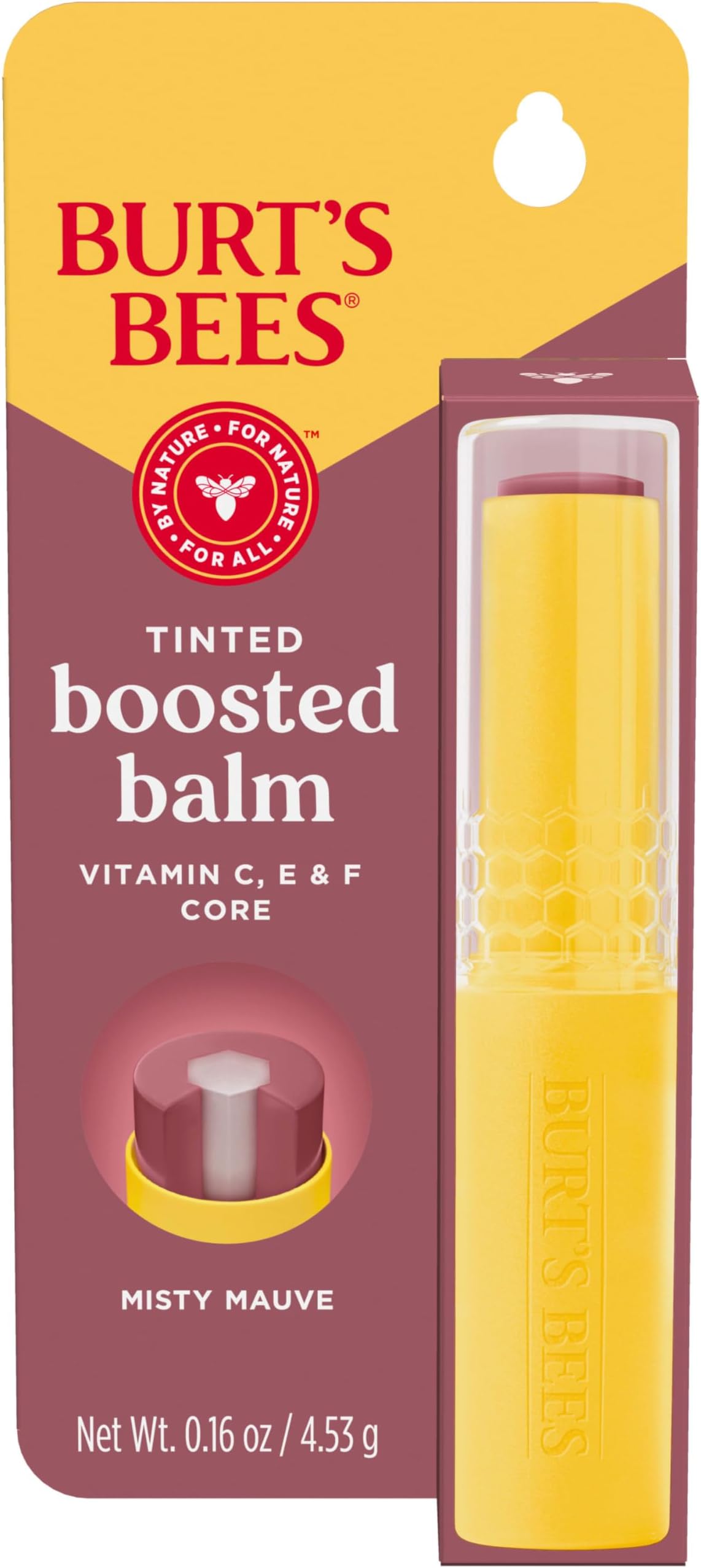 Burts Bees Tinted Boosted Balm, Misty Mauve, Hydrating Tinted Lip Balm with Vitamin C, E, and F Core, 24 Hour Lip Moisturizer with Responsibly Sourced Beeswax, 100% Natural Origin, 1 Count, 0.16oz