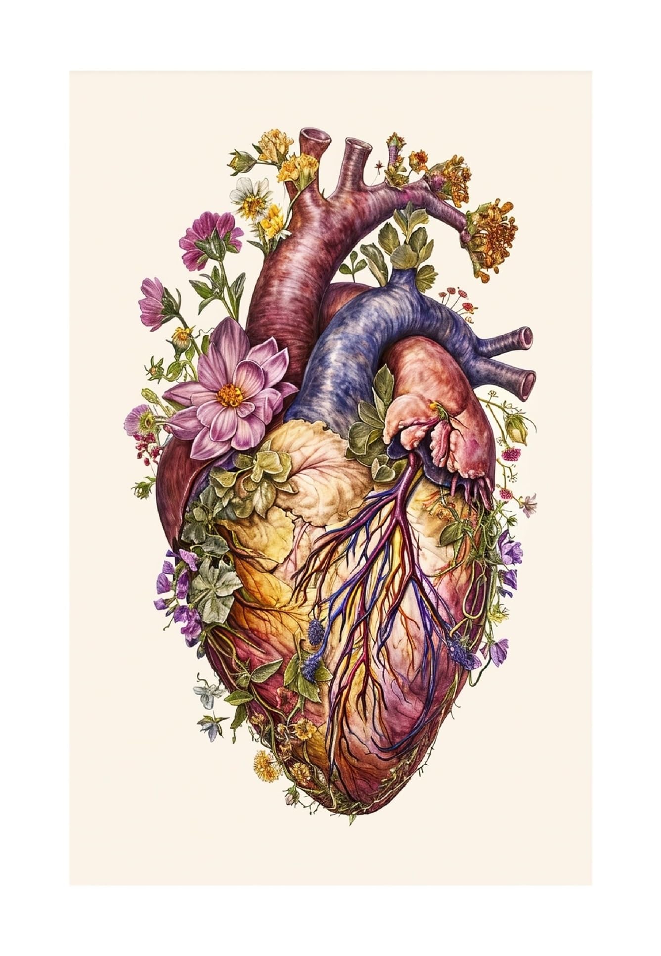 Toile anatomie vintage crâne humain et fleurs de 35x45cm, peinture murale sur toile tendue