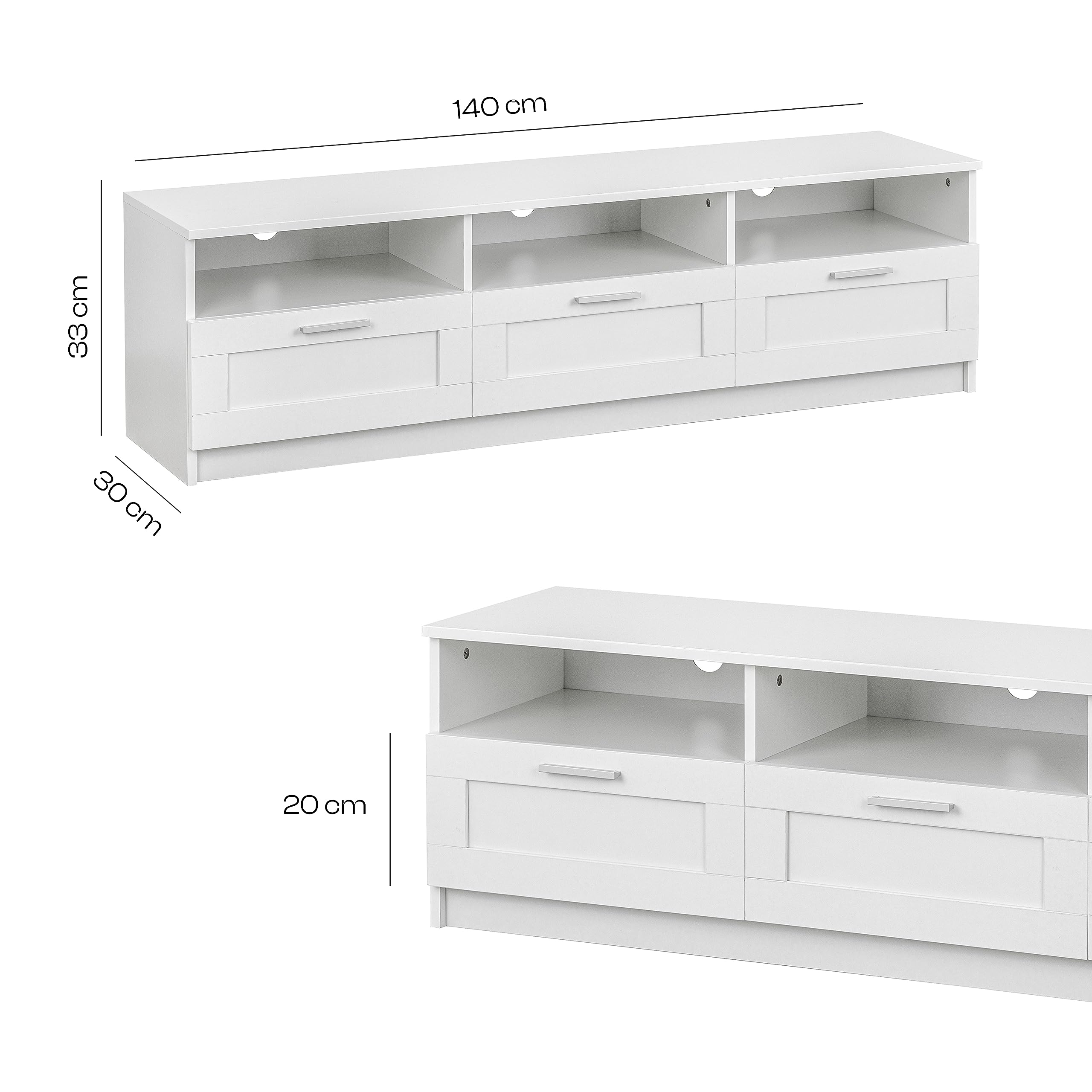 Baroni Home Mobile per Tv con 3 Ripiani 3 Cassetti, Foro per Passaggio Cavi in MDF, Consolle Porta TV per Camera da Letto, Salotto, Cucina, Bianco, 140x33x30 cm