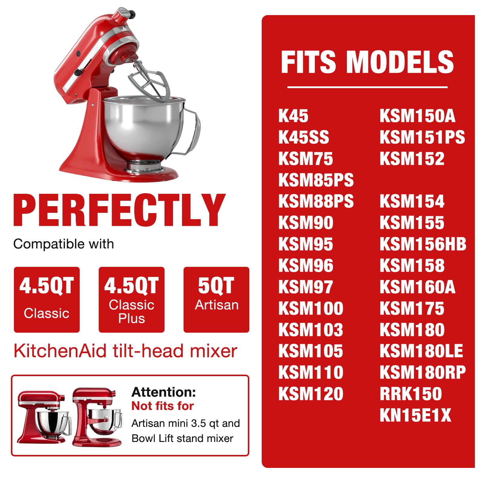Bol Mélangeur En Acier Inoxydable De 4,5 L, Pièces De Rechange Compatibles Avec Les Mélangeurs à Tête Inclinable KITCHENAID De 4,3 L Ou 4,7 L