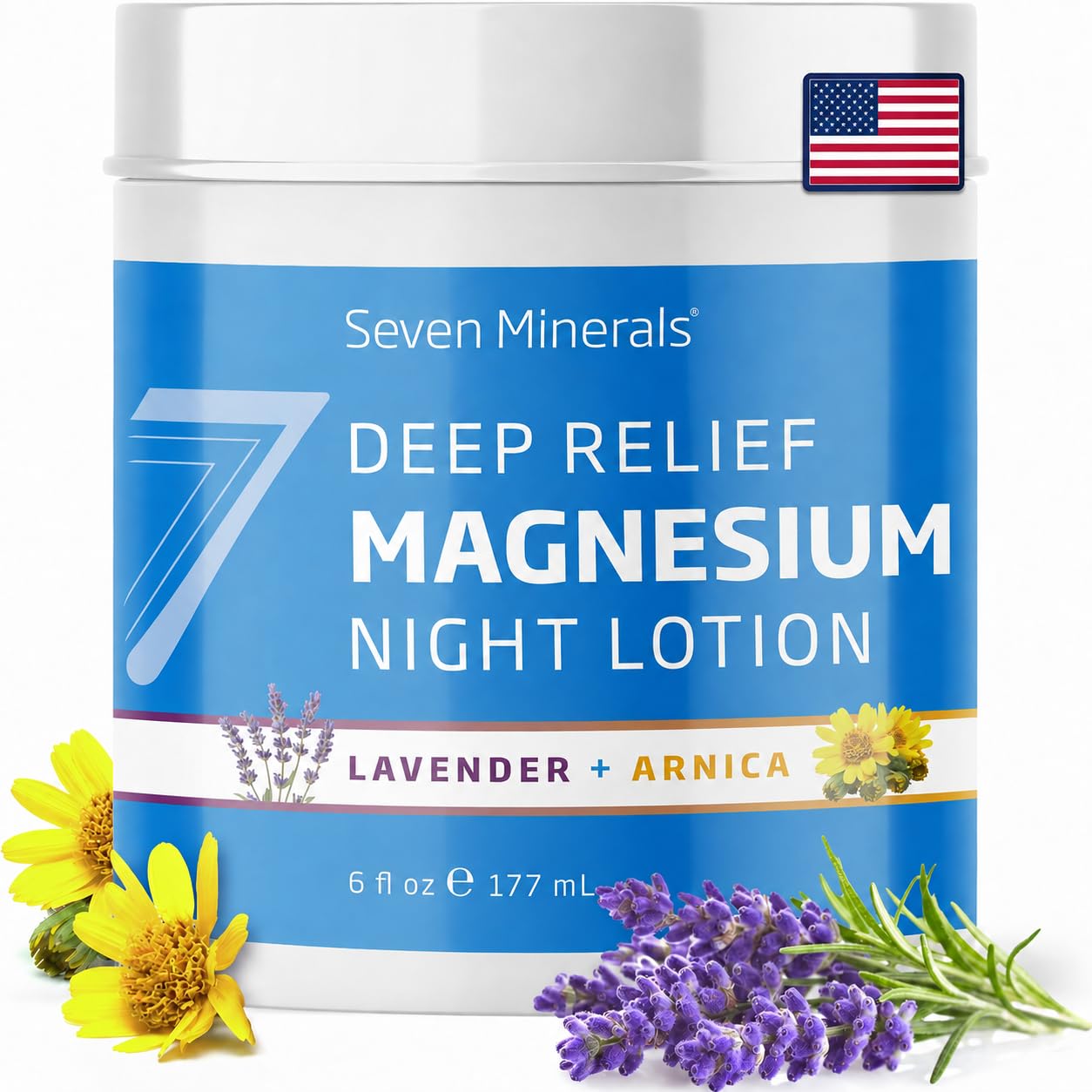 Seven Minerals Deep Relief Magnesium Night Lotion - Lavender + Arnica Cream for Deep Sleep & Muscle Relief - Calms Legs, Soothes Sore Back, Neck & Shoulders - Blended in USA, 6 Fl Oz 6 Fl Oz (Pack of 1) Jar