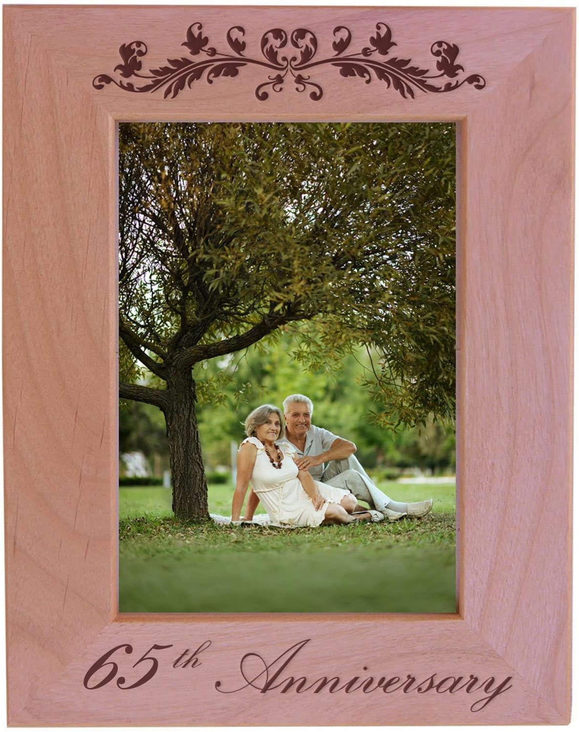 CustomGiftsNow 65th Anniversary - Engraved Natural Alder Wood Tabletop/Hanging Wooden Wedding Picture Frame (4x6-inch Horizontal)