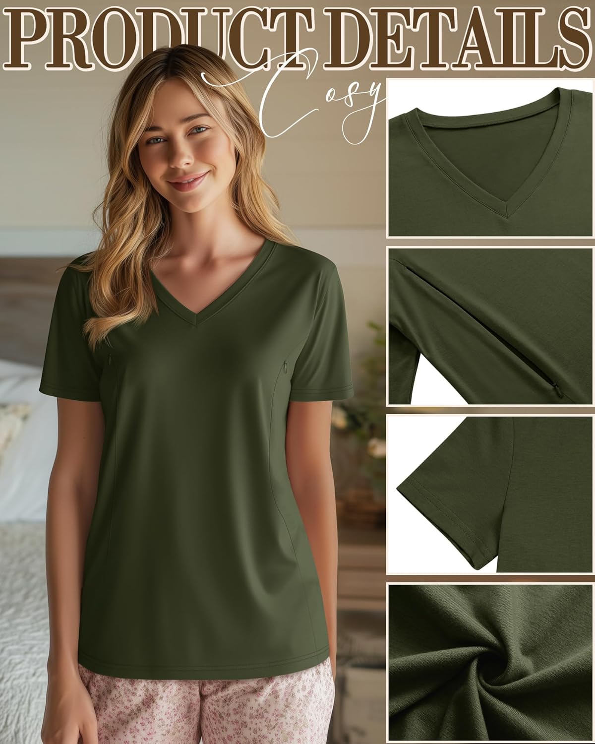 4 Pack Women's Nursing Shirts for Breastfeeding with Hidden Zipper V Neck Short Sleeve Loose Fit Maternity Tops - Image 6