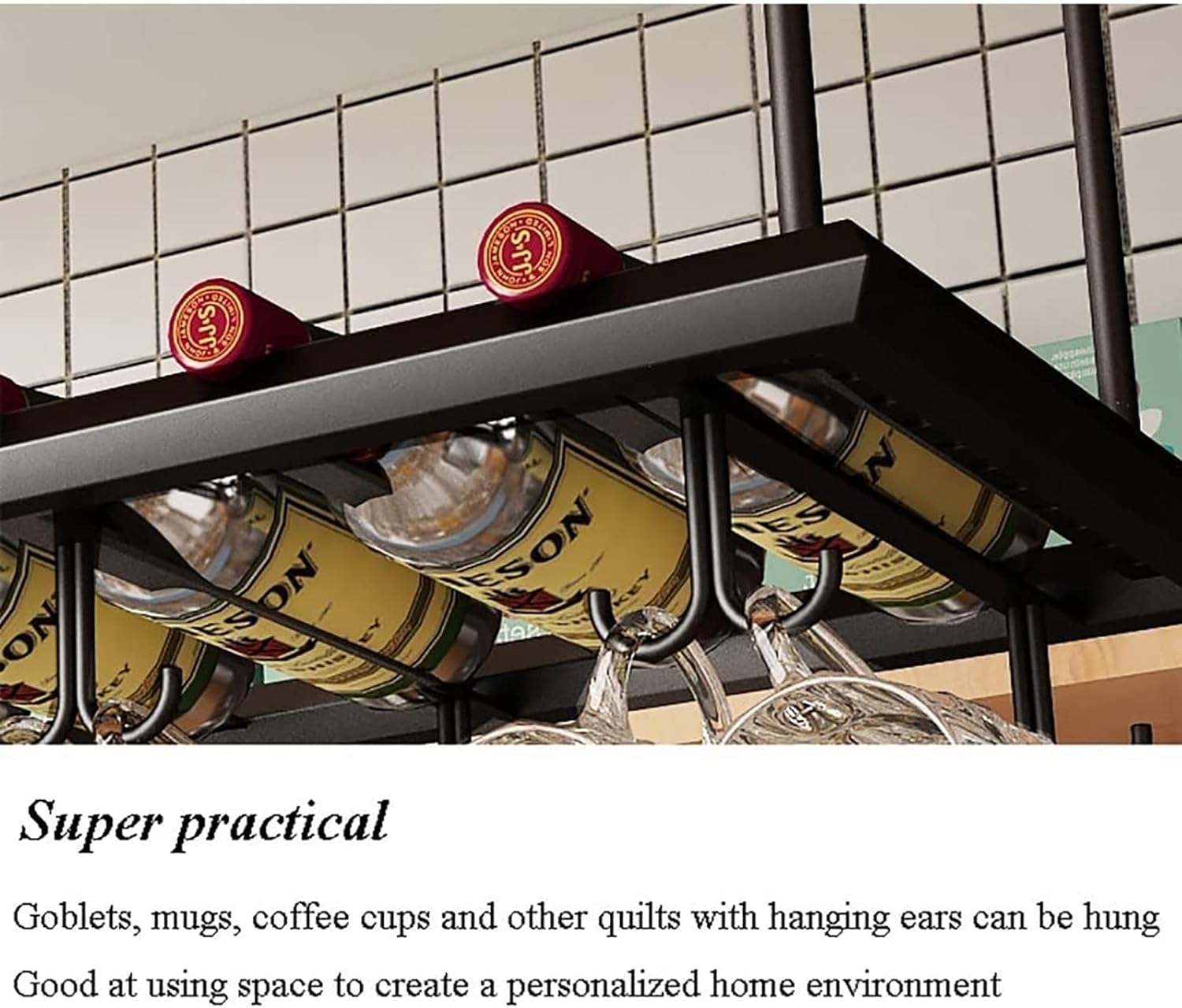 Hanging Wine Glass Holder Hanging Goblet Rack,Adjustable Height,Stemware Glass Holders,Ceiling Wine Rack,Vintage Iron Wine Bottle Holder,Wall Mounted Wine Cabinet Wall Shelf