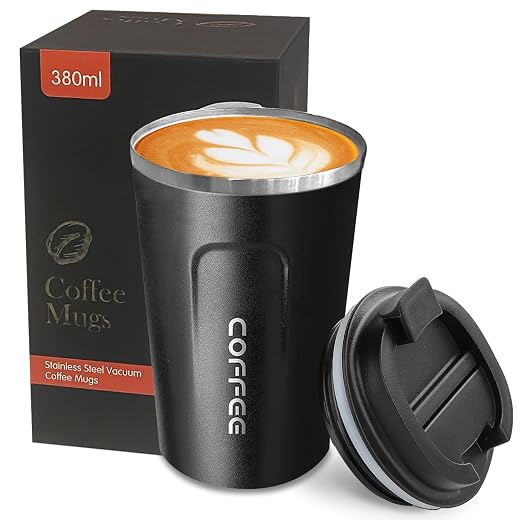 YINBAOGE Insulated Travel Coffee Mug, Spill & Leak Proof, Portable To Go Camping Stainless Steel Coffee Tumbler, Reusable Thermal Coffee Cup with Lid for Hot & Cold Drinks (2nd-Black, 12 OZ)