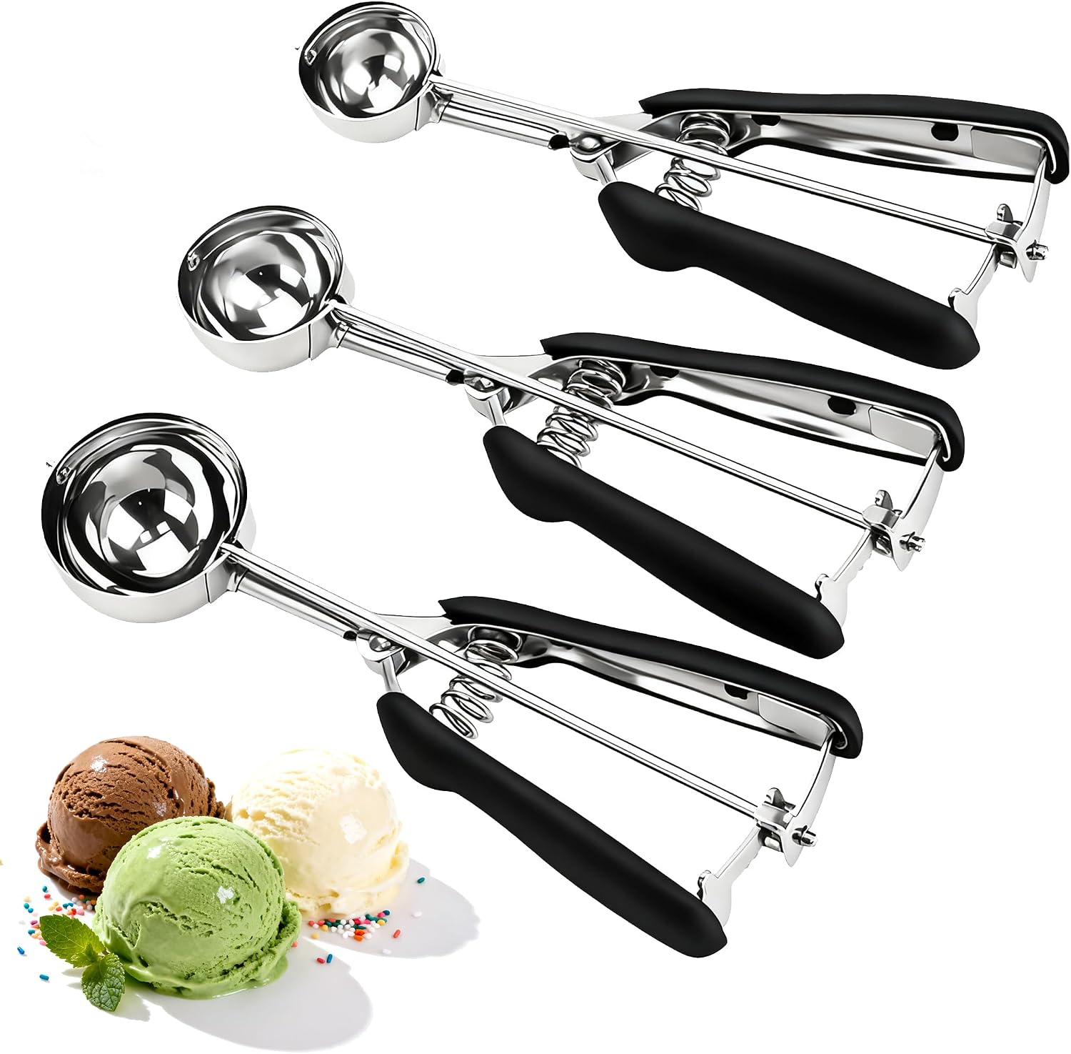 Cookie Scoop Set, Cookie Scoops for Baking Set of 3, Small/Medium/Large Cookie Dough Scoop, 1/2/3 Tbsp Cookie Scoop with Trigger, 18/8 Stainless Steel, Non-Slip