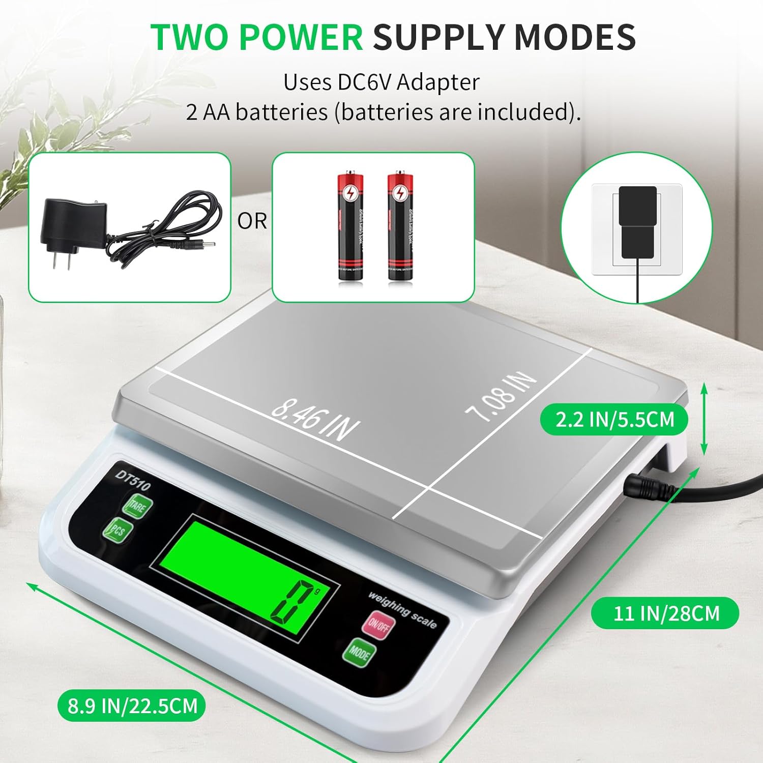 Large Digital Kitchen Scale 40kg/88lbs Commercial Food Scale with Tare and PCS Funtion for Parts and Coins LCD Display Stainless Steel Baking Scale for Cooking, Adapter Included (White, 40kg)
