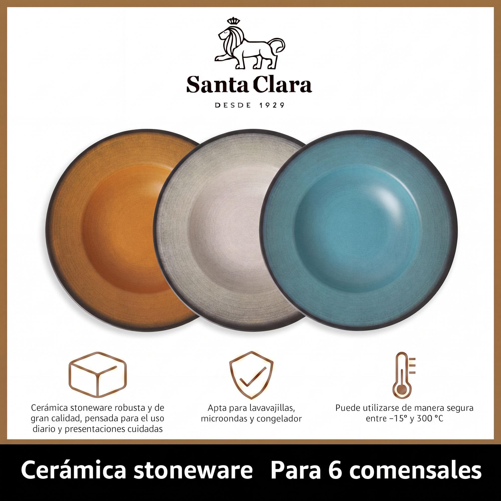 SANTA CLARA | Set de 6 Platos Hondos para Pasta 28 cm Cerámica Stoneware Piamonte, Vajilla para Hogar y Cocina, Ideal para Raciones Generosas, Apto Microondas y Lavavajillas, Resistente
