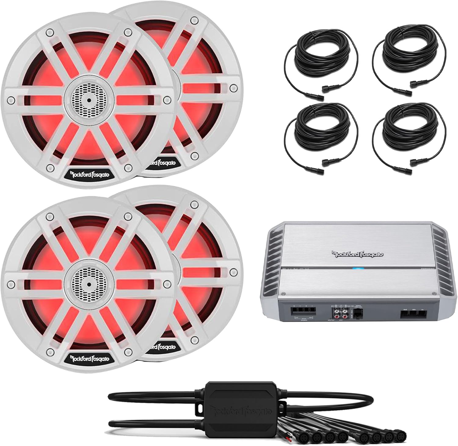 Rockford Fosgate PM500X2 2 Channel Marine Amplifier with 2 Pairs M1-8 M1 Series 8" Marine White + (1) PMX-RGB Optix Light Controller + (4) RGB-25 25' Extension Cable
