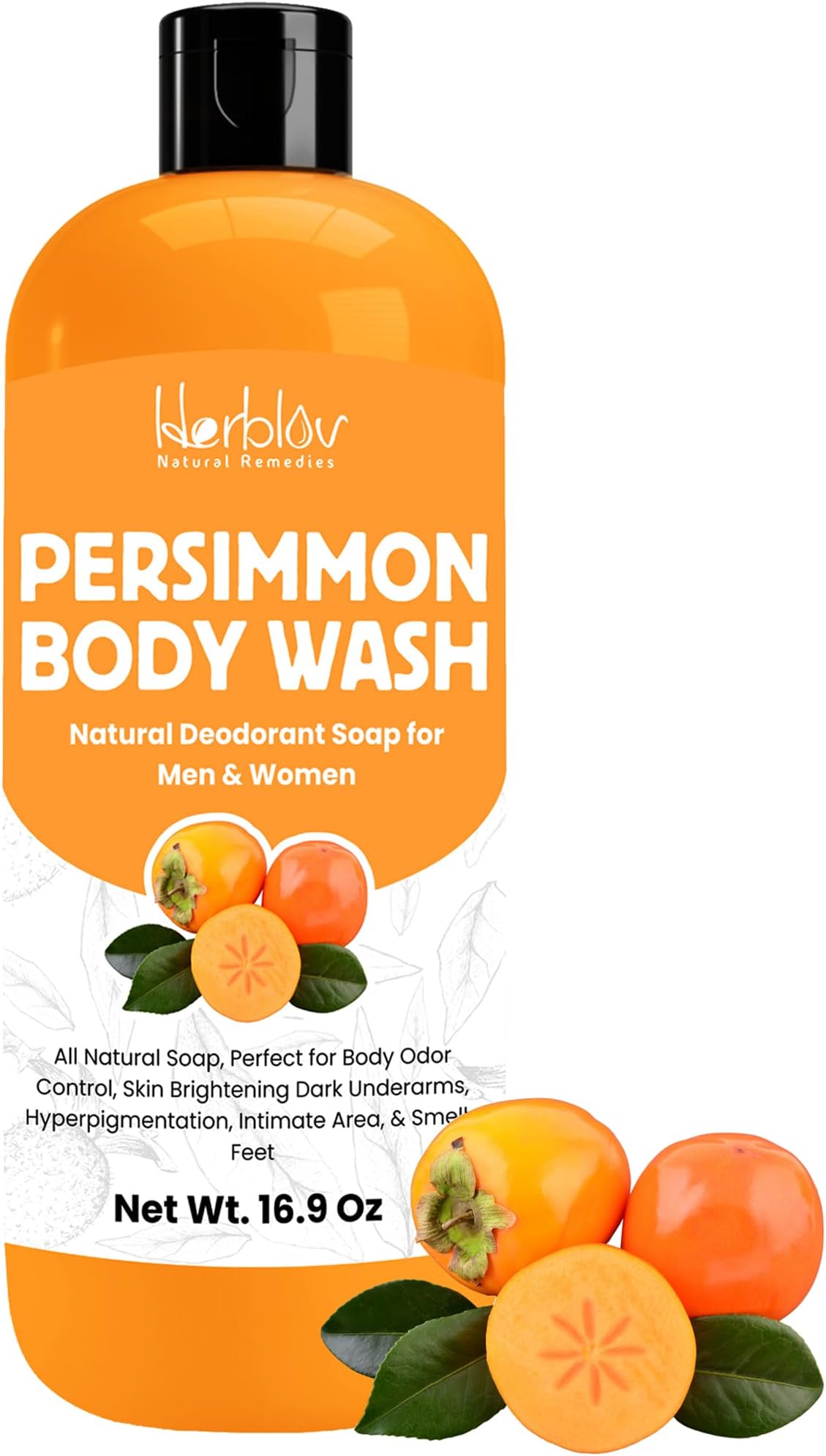 Herblov Persimmon Body Wash for Body Odor Control – Purifying Deodorizing Soap for Eliminating Odor – Underarms, Intimate Inner Thigh, Bikini Area, Smelly Feet – Natural Deodorant Soap, Kids Safe
