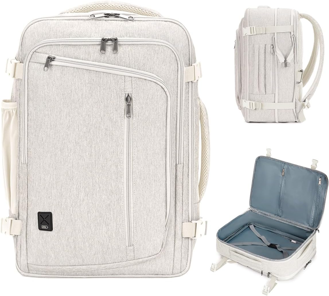WANDF Expandable 17 Inch Laptop Travel Backpack For Spirit Airlines Personal Item Bag 18x14x8 with Wet Pocket for Men Women (Beige)