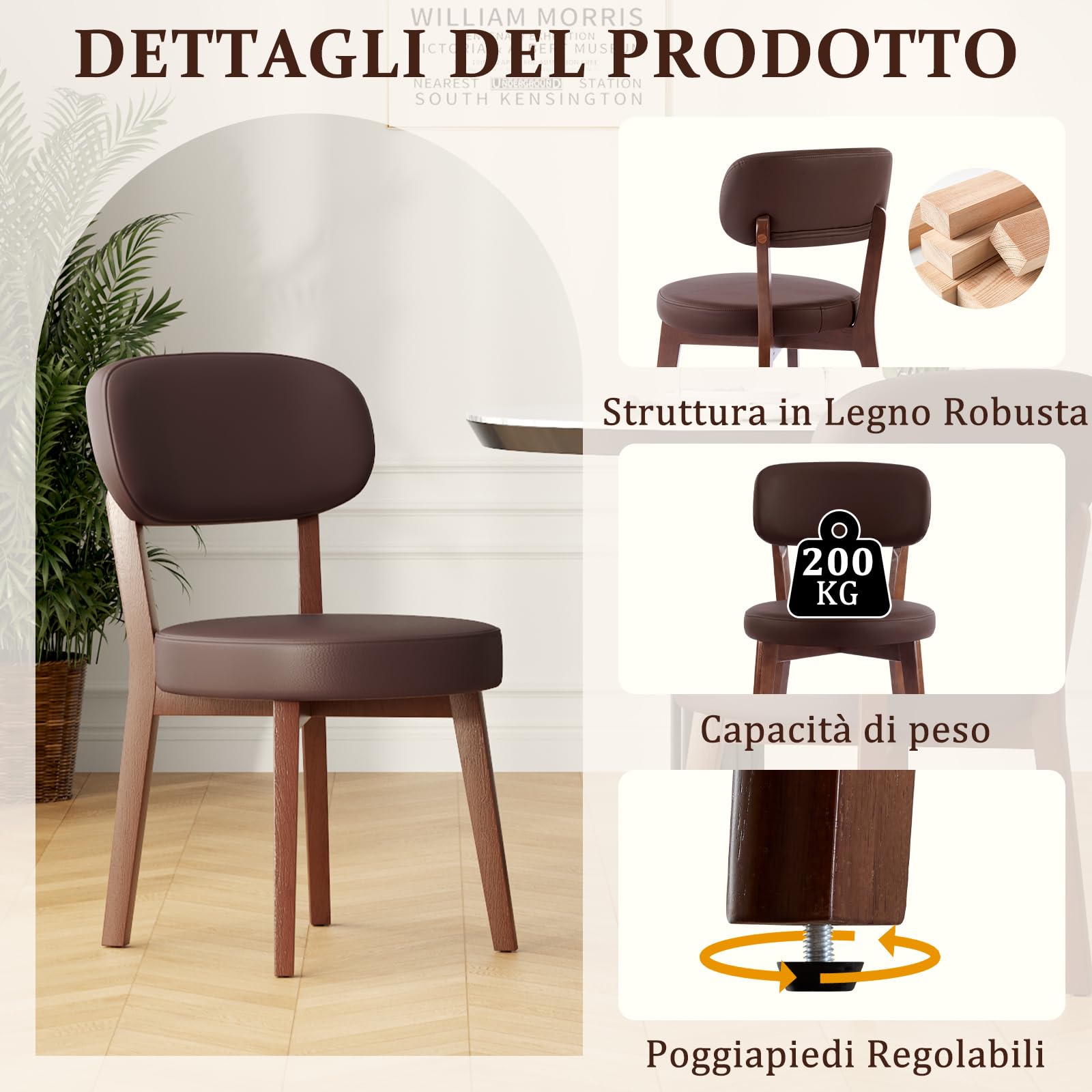 Set di 6 Sedie da Pranzo, Sedie da Cucina in PU, Poltrone da Salotto con Gambe in Legno, Sedia Imbottita Sala da Pranzo per Sala da Pranzo Cucina Soggiorno Camera da Letto, Marrone
