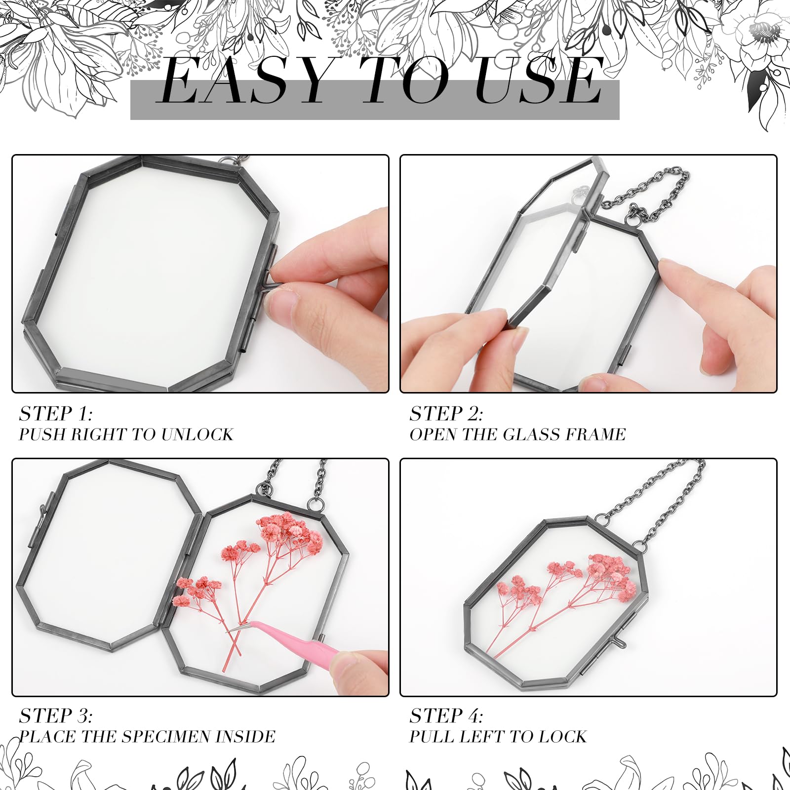 Wenqik Podwójna szklana ramka do tłoczonych kwiatów, roślin, ziół, 6 x 8 cm, galeria DIY, montowana na ścianie, dekoracja, wisząca, ośmiokątna ramka na zdjęcia, pozioma i pionowa, czarna, 12 szt