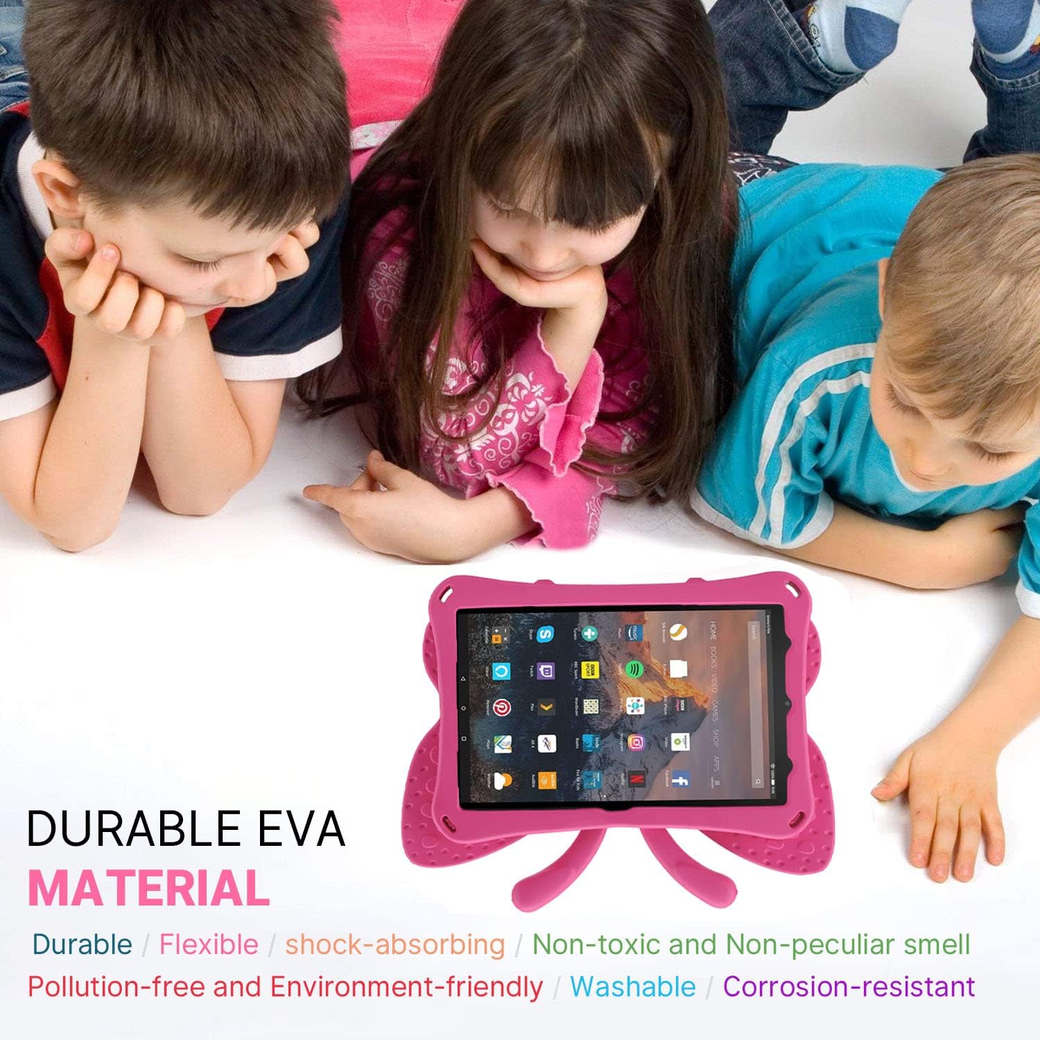Simicoo Amazon Fire 7 Tablet 12th Gen 2022 Case Cute Butterfly Case with Stand for Kids Light Weight EVA Rugged Shockproof Heavy Duty Kids Friendly Full Cover for Fire 7 2022 (Rose)