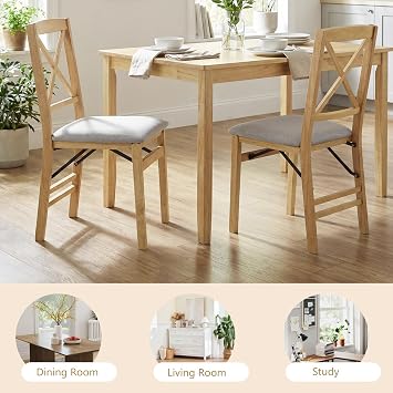 GiantexUK Folding Dining Chairs, Set of 2 Kitchen Chairs with Rubber Wood Frame, Upholstered Seat, Hollowed Backrest, Farmhouse Dinner Chair for Kitchen Dining Room (Natural+Grey, Linen Fabric)