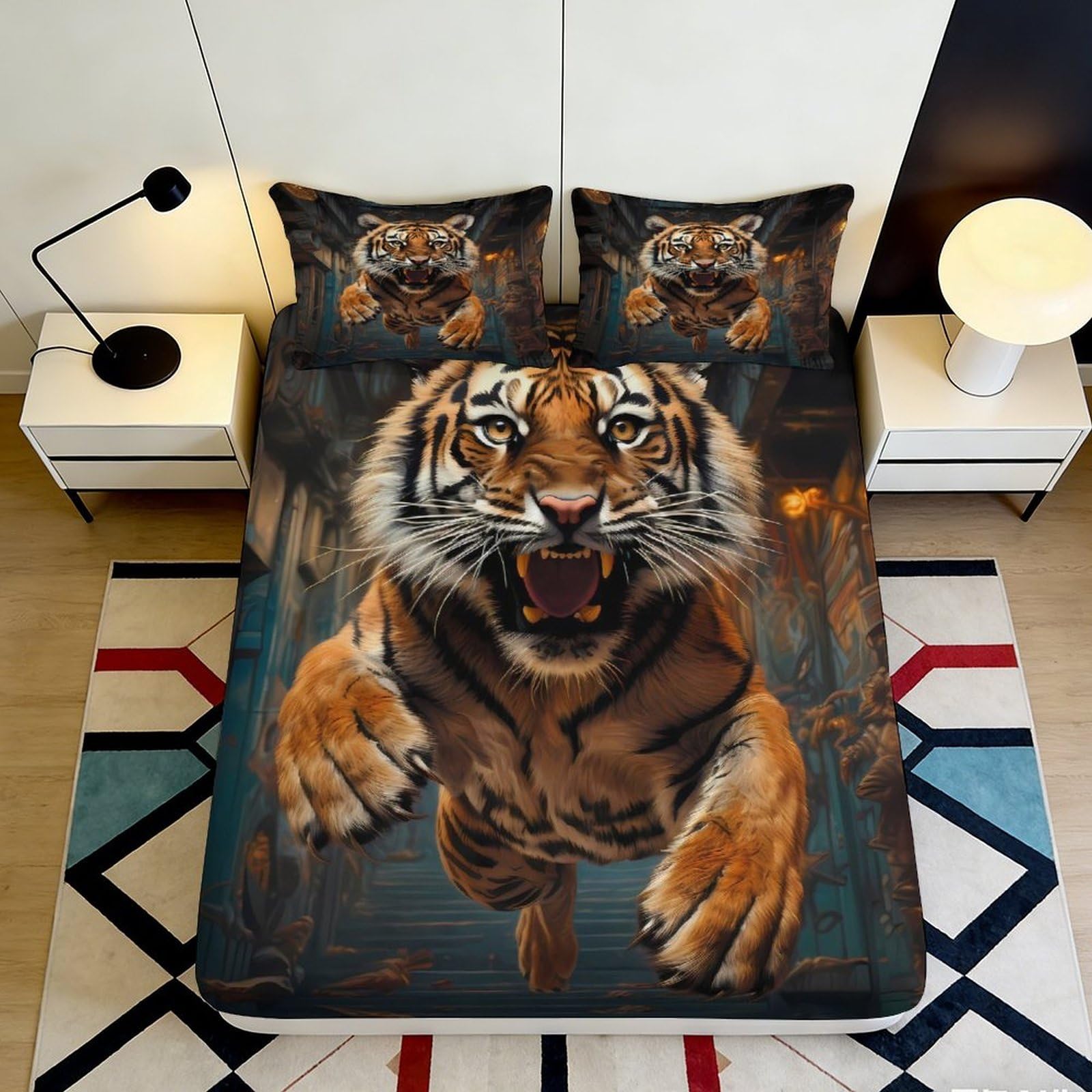 Pnayamiorkfel Style-2 3D Printed Fierce Tiger Fitted Sheet Microfiber Soft Breathable Wild Jungle Bed Cover For Bedroom Guest Room Decor 90X200x25cm