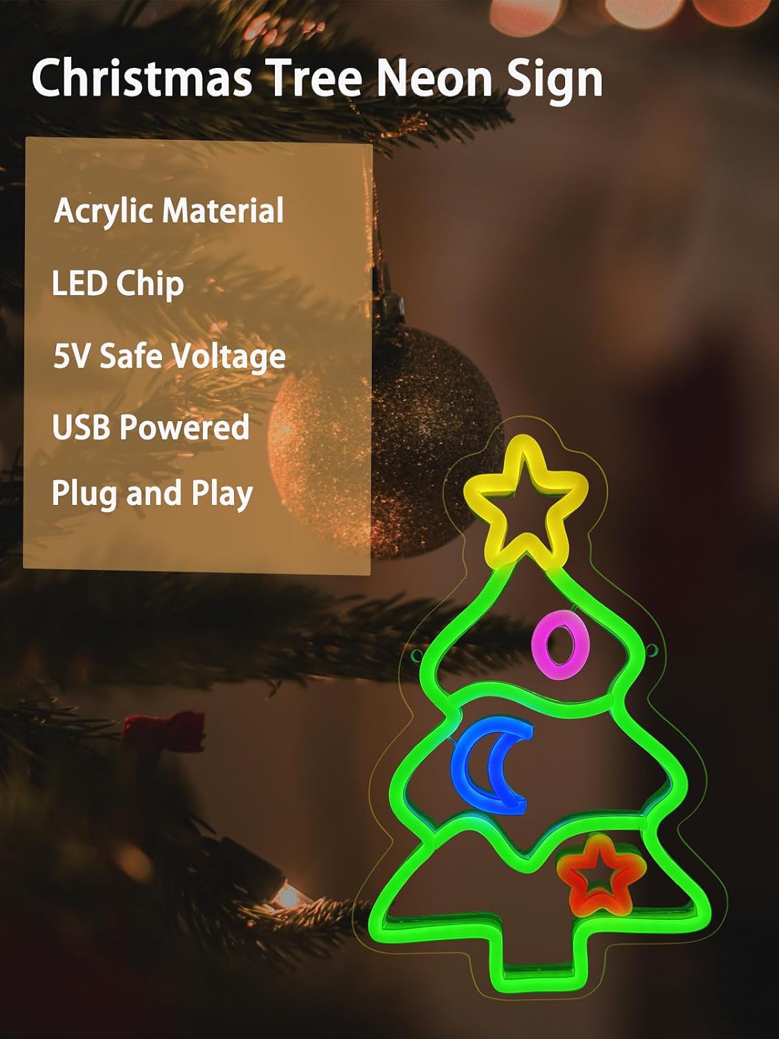 Christmas Tree Neon Sign LED, Acrylic Neon Light Up Sign for Wall Decor, USB Powered Xmas Neon Lighting with Hanging Chain for Home, Window, Party, Christmas Decoration, 8.7 * 12.7 inches