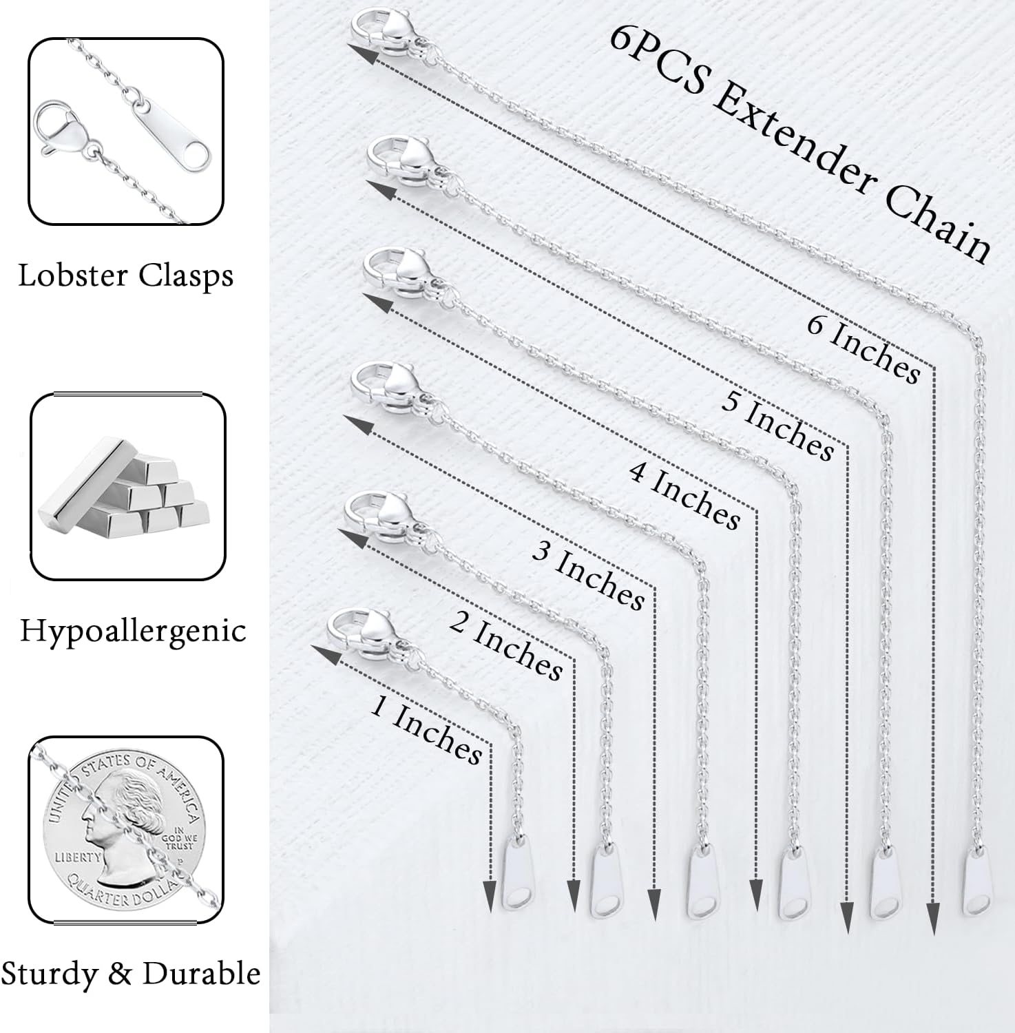 Jewlpire 18K 14K Gold Plated Necklace Extender for Women with 6 Piece Set (1", 2", 3", 4", 5", 6"), Box Chain | Cable Chain Extender for Necklace, Extenders for Bracelets Anklets - Image 3