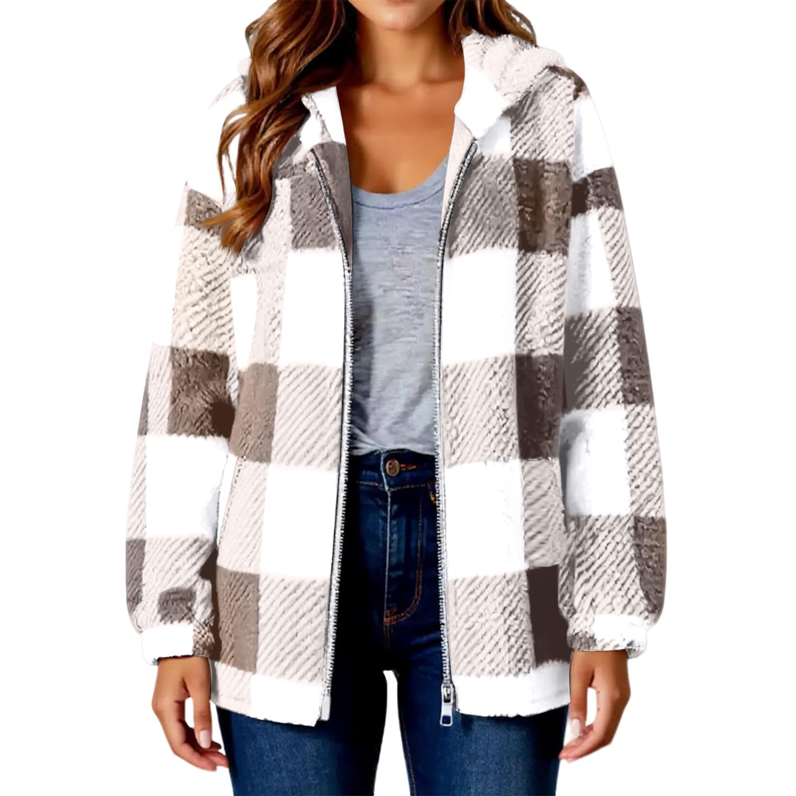 Generisch Fleecejacke Damen Mit Kapuze Teddyjacke Kariert Aufdruck Winterjacke Elegant Plüschjacke Winter Warm Plüschmantel Langarm Flauschjacke Kuschelig Damenjacken Winddicht Wintermantel Casual