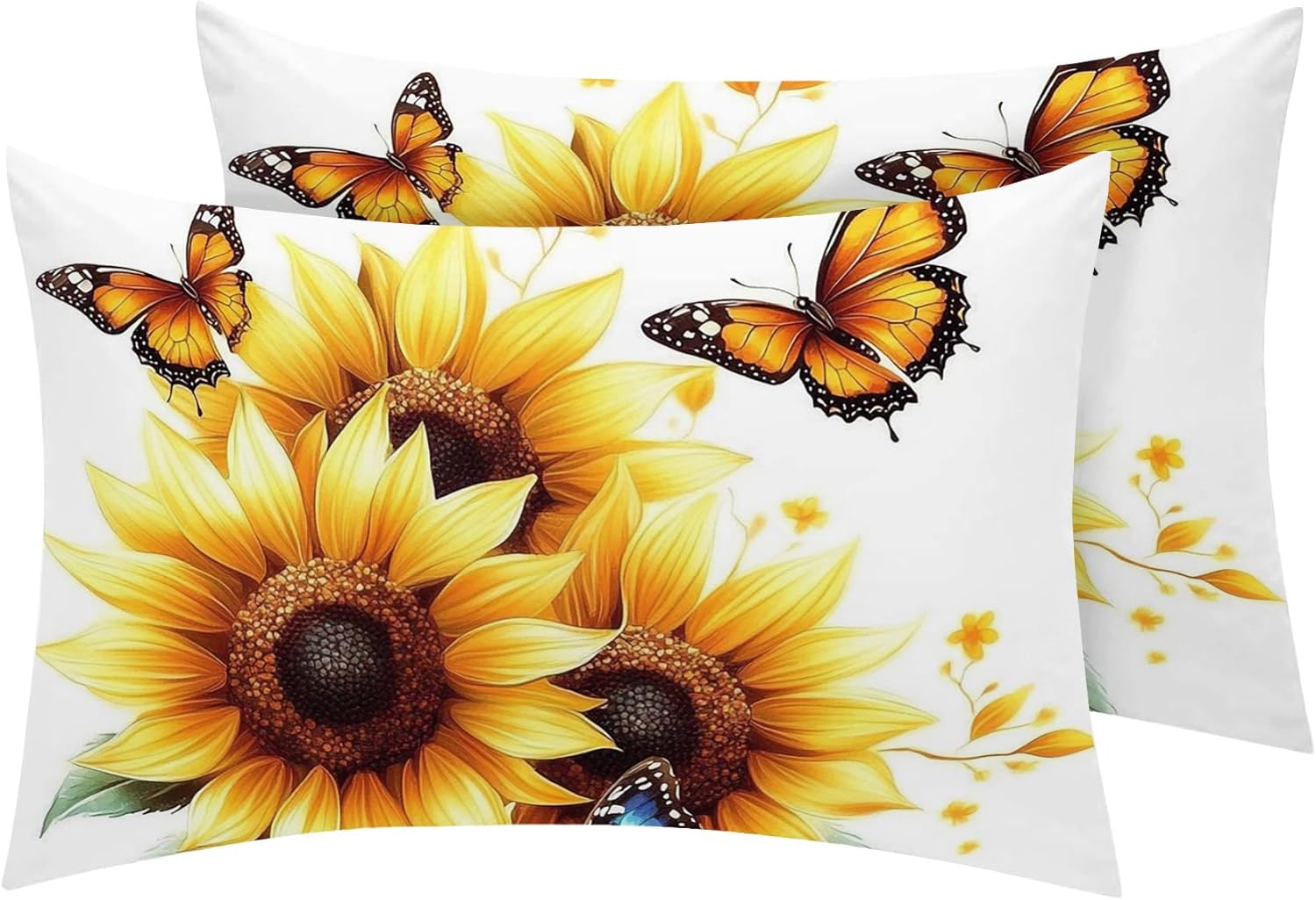 Sunflower Pillow Cases King Size Set of 2 - Soft Breathable Microfiber Pillowcases with Envelope Closure, Yellow Floral Butterfly Patterned Pillow Covers, Sunflower Decor