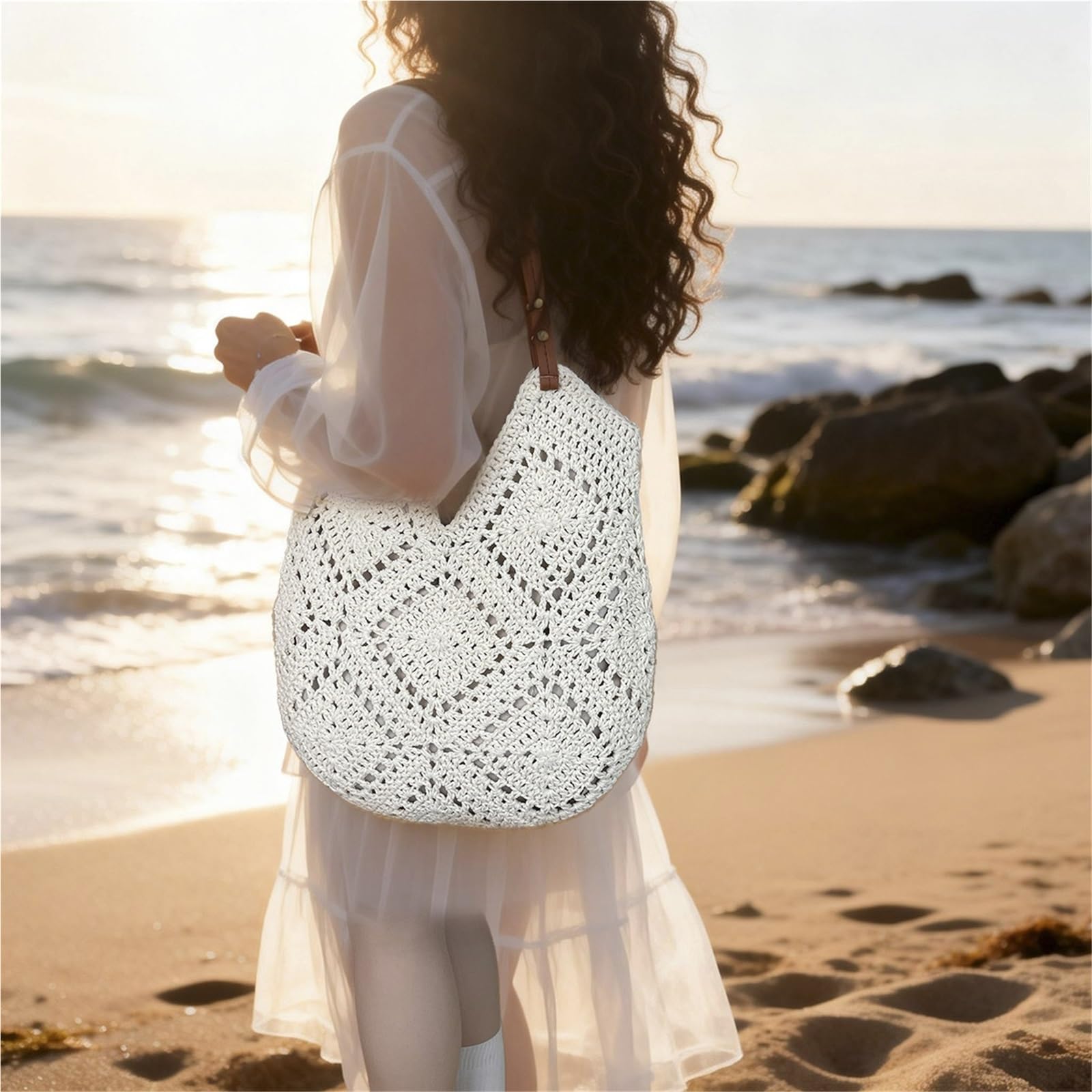 borsa donna estiva Borsa tote intrecciata a mano di grande capacità, borsa a spalla singola da donna, stile semplice, in cotone