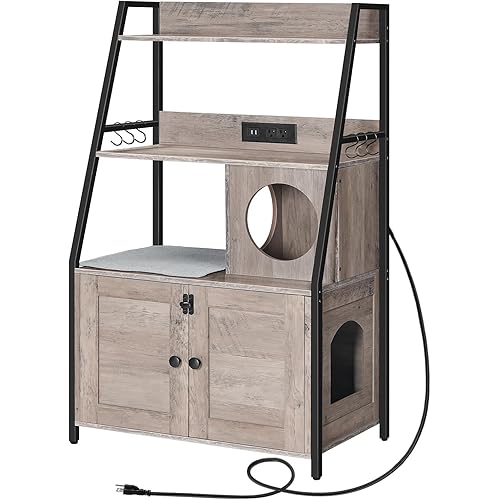 HOOBRO Litter Box Enclosure with 2 Storage Shelves, Tall Cat Litter Box Furniture Hidden with Charging Station, Indoor Cat Furniture with Cat House and Plush Mat, Greige BG70UMW01
