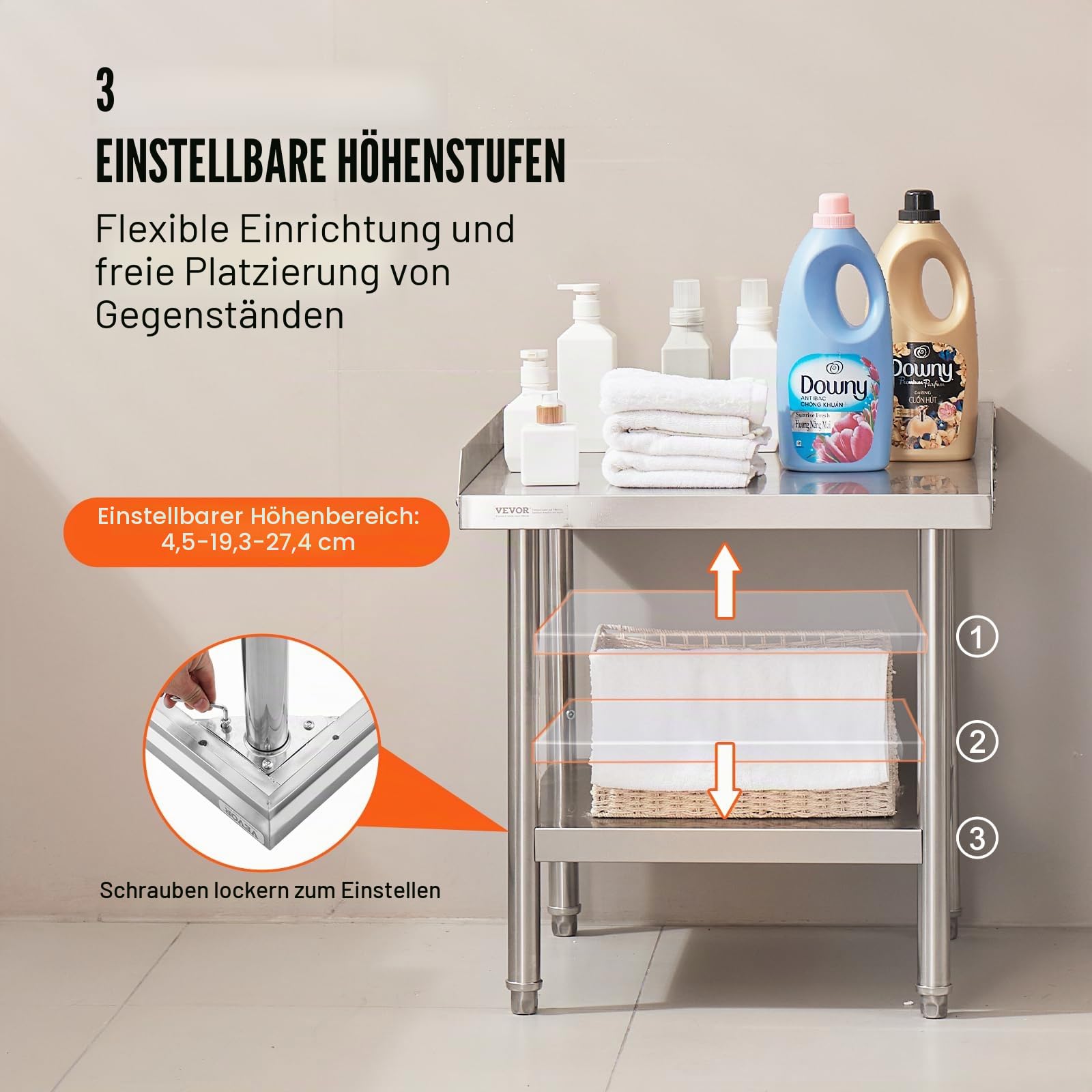 VEVOR Arbeitstisch Edelstahl, gewerblicher Arbeitstisch zur Lebensmittelzubereitung, 3-seitiger Spritzschutz, 61 x 61 x 66 cm