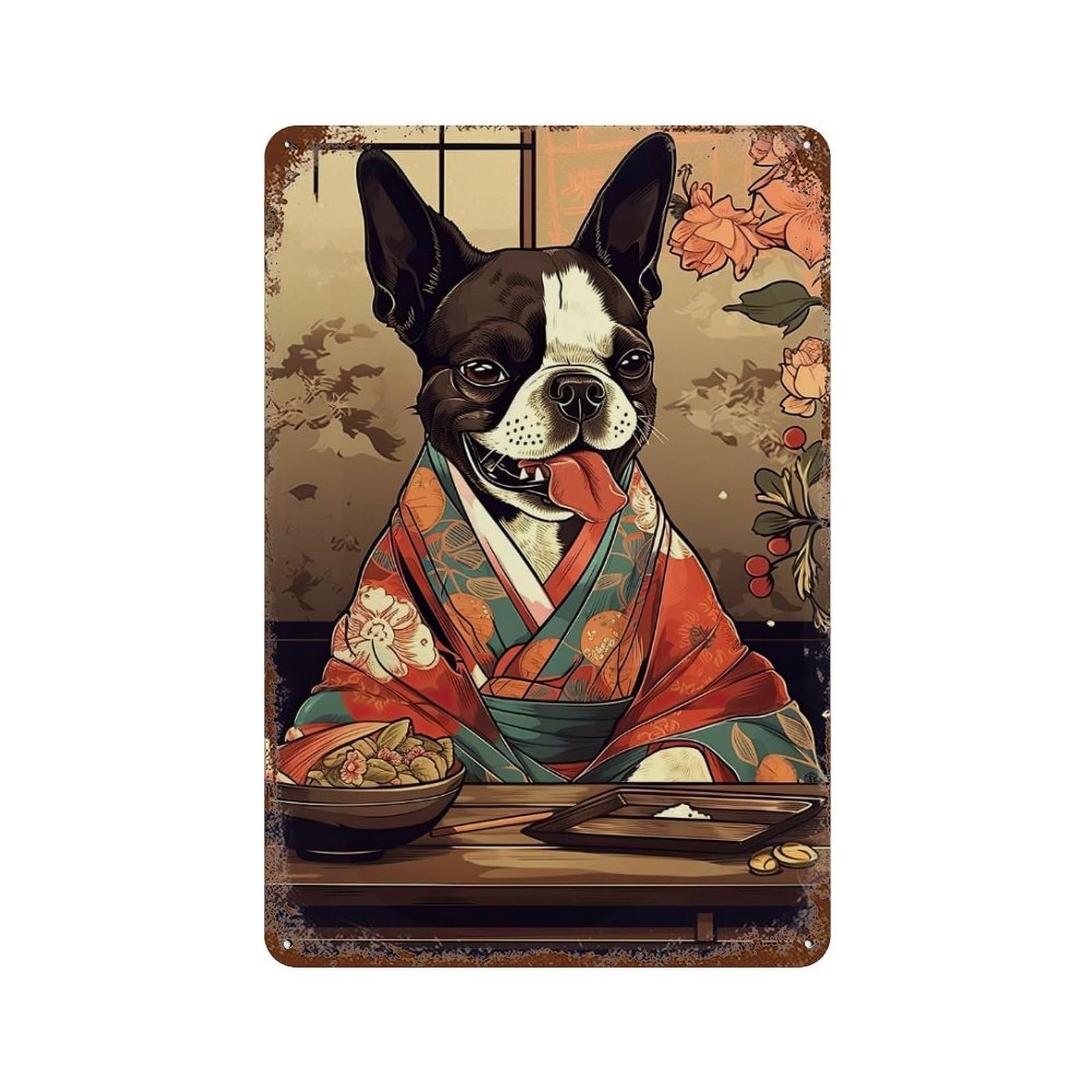 Boston Terrier Eating Food Retro Metal Sign 11.8"x7.9", for Office, Studio And Wall Decor, Industrial Home Decor